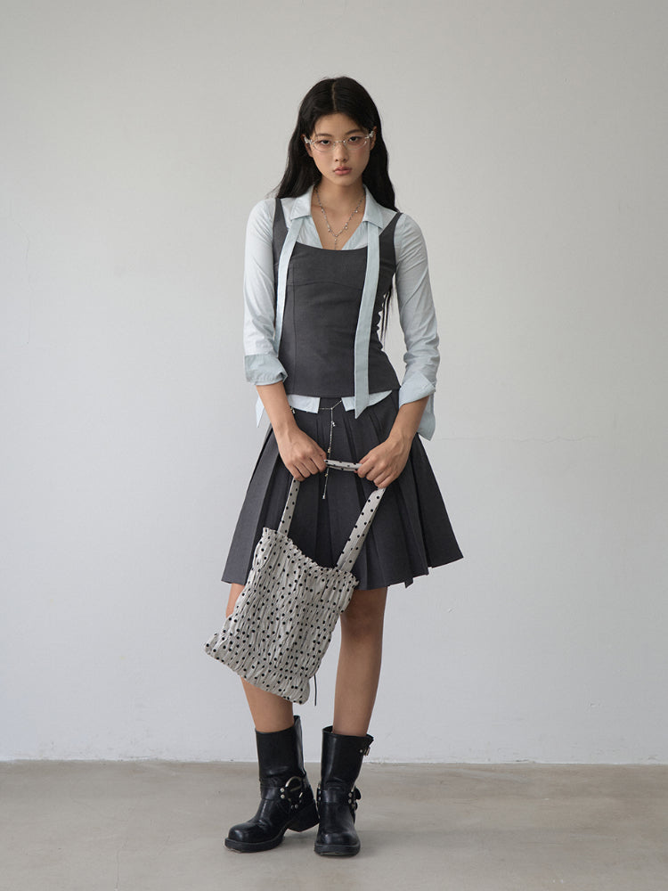 Contrast-colored Collared Waist-cinched Shirt - CHINASQUAD