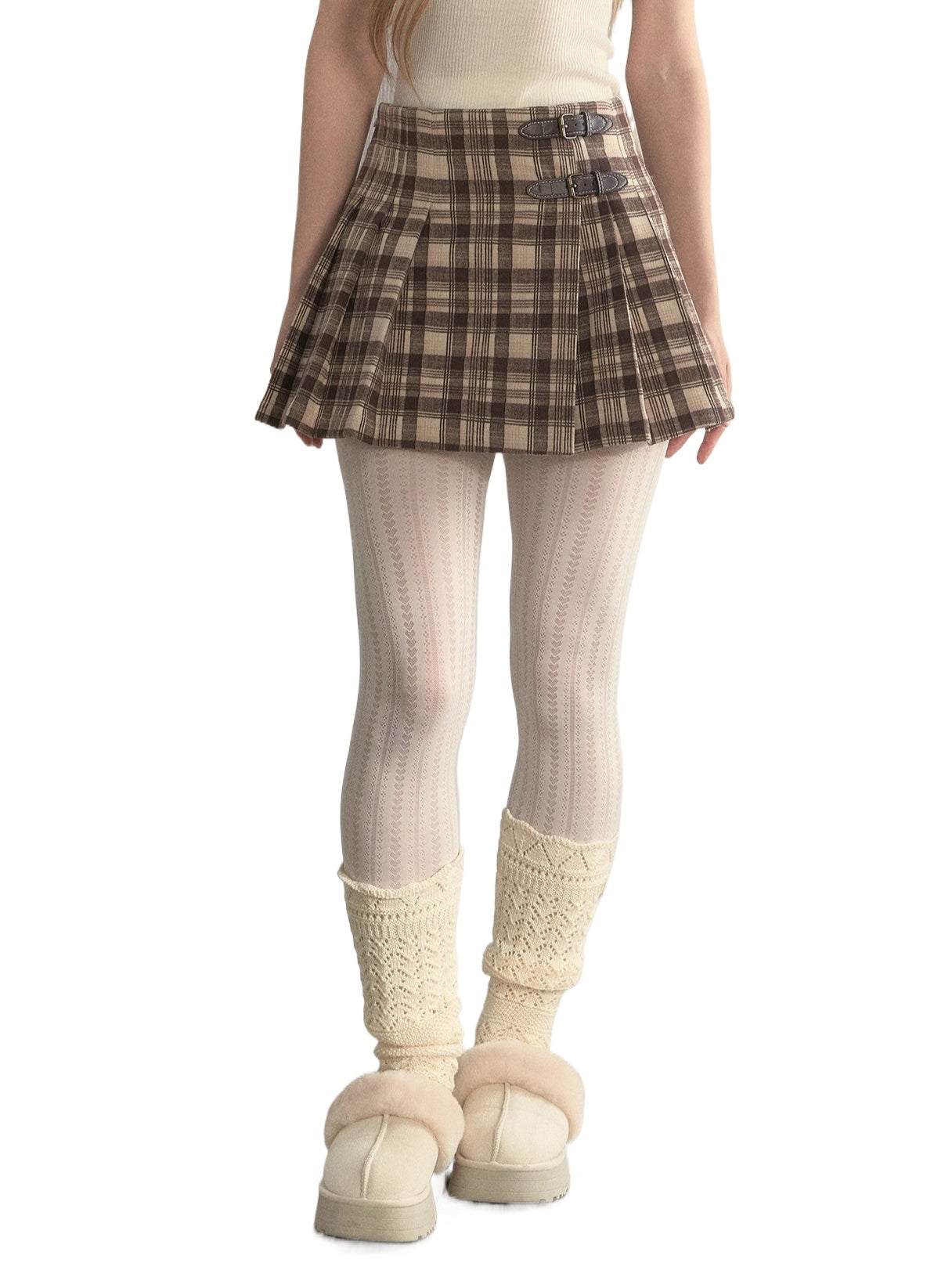 Vintage Plaid Wool Leather Buckle Pleated Skirt