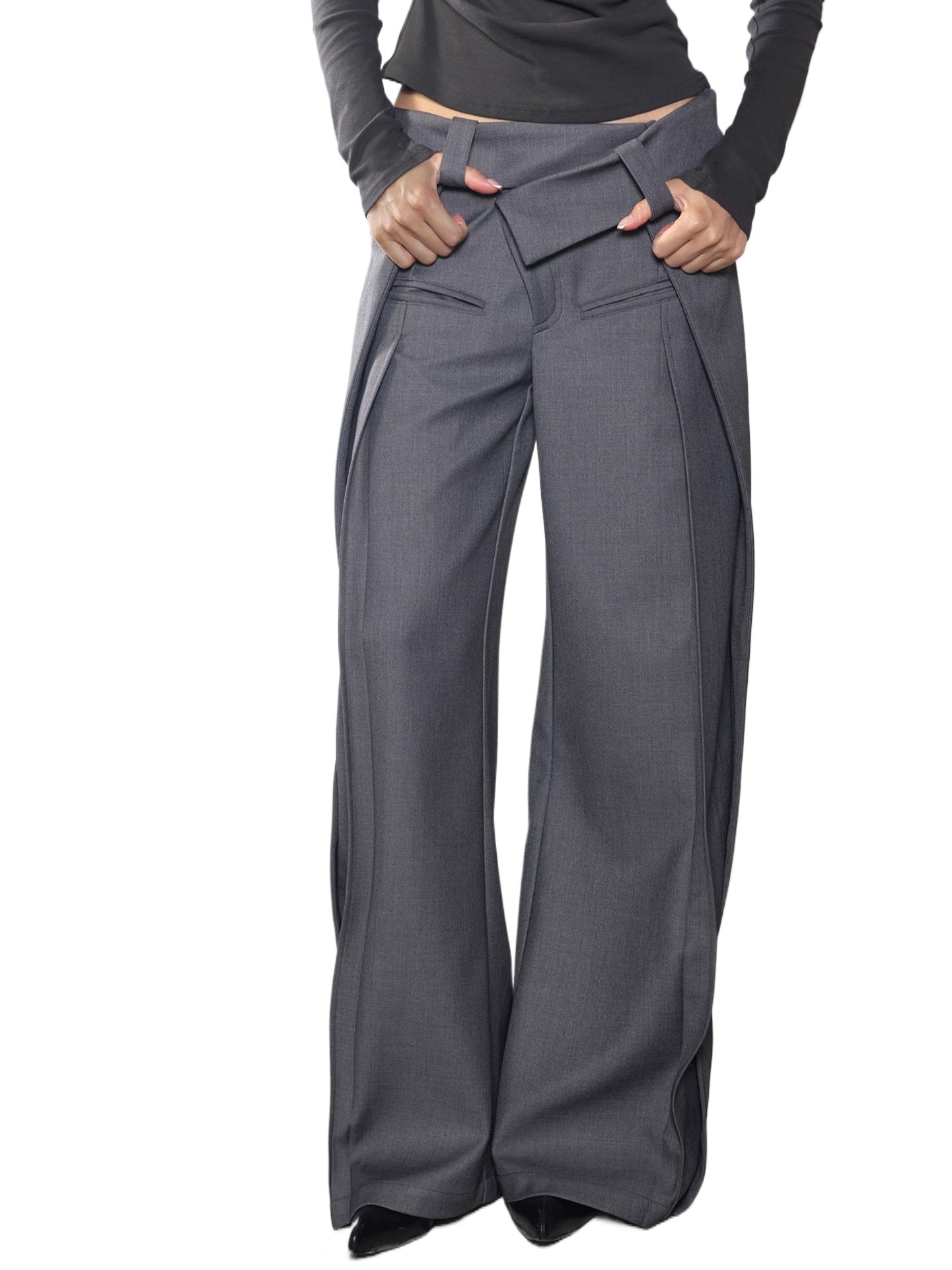 Irregular Folded-Waist Wide-Leg Trousers