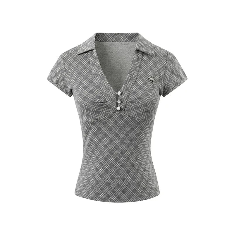 Pleated Checkered Polo V-Neck T-shirt | Final Sale