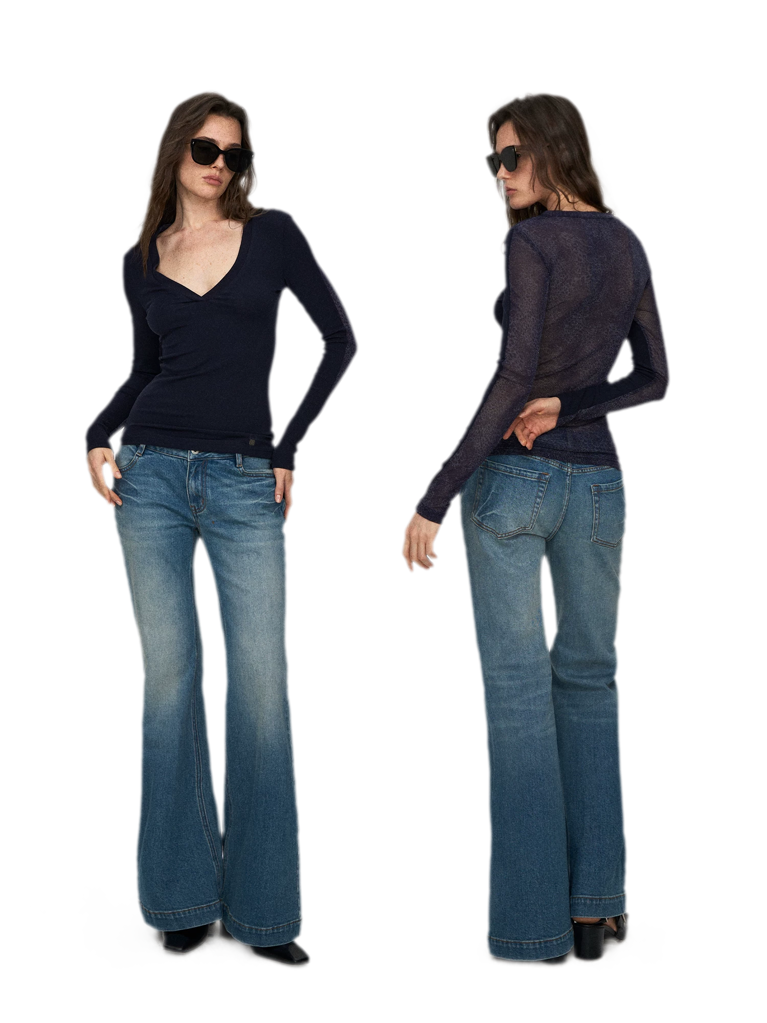 Wool Lyocell V-Neck Long Sleeve Top with Lace