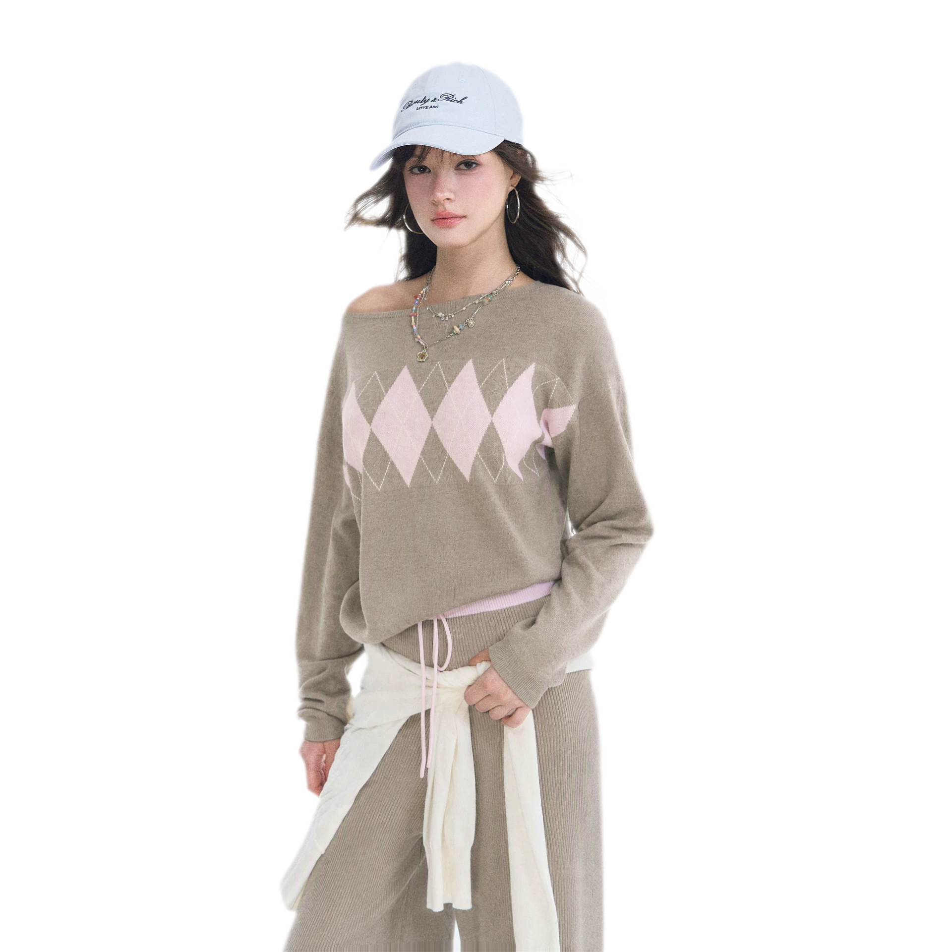 Argyle Off-Shoulder Knit Set
