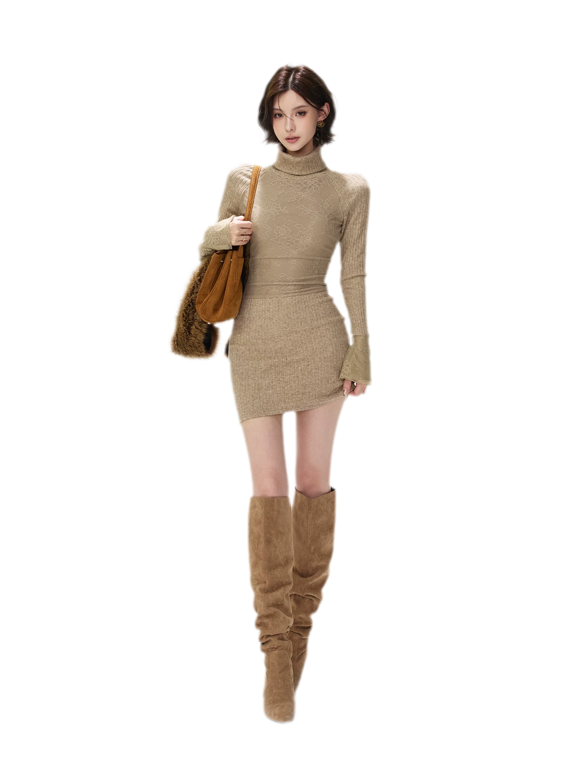 Lace Panel Ribbed Mini Dress