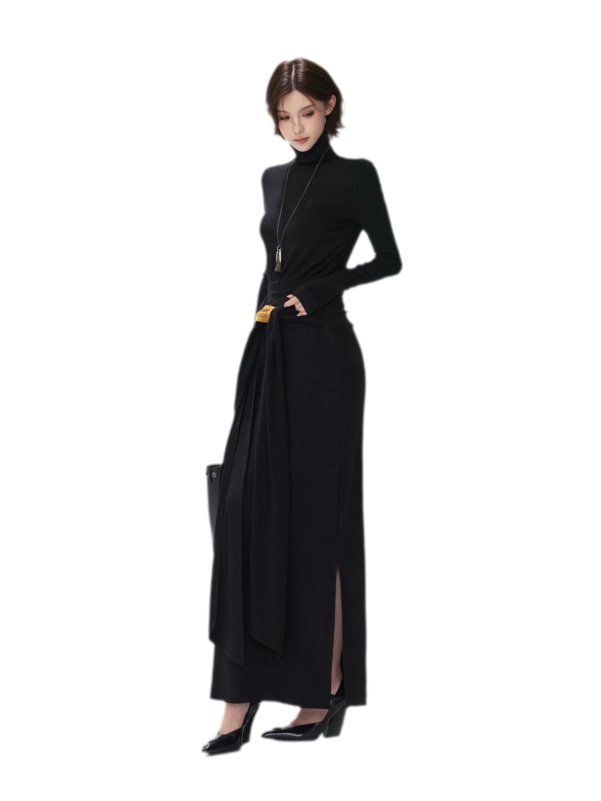 Turtleneck Ruched Waist Knit Dress