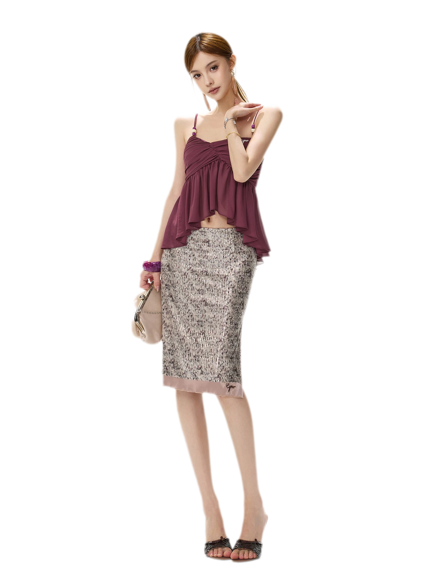 Purple Sequin Slit Skirt