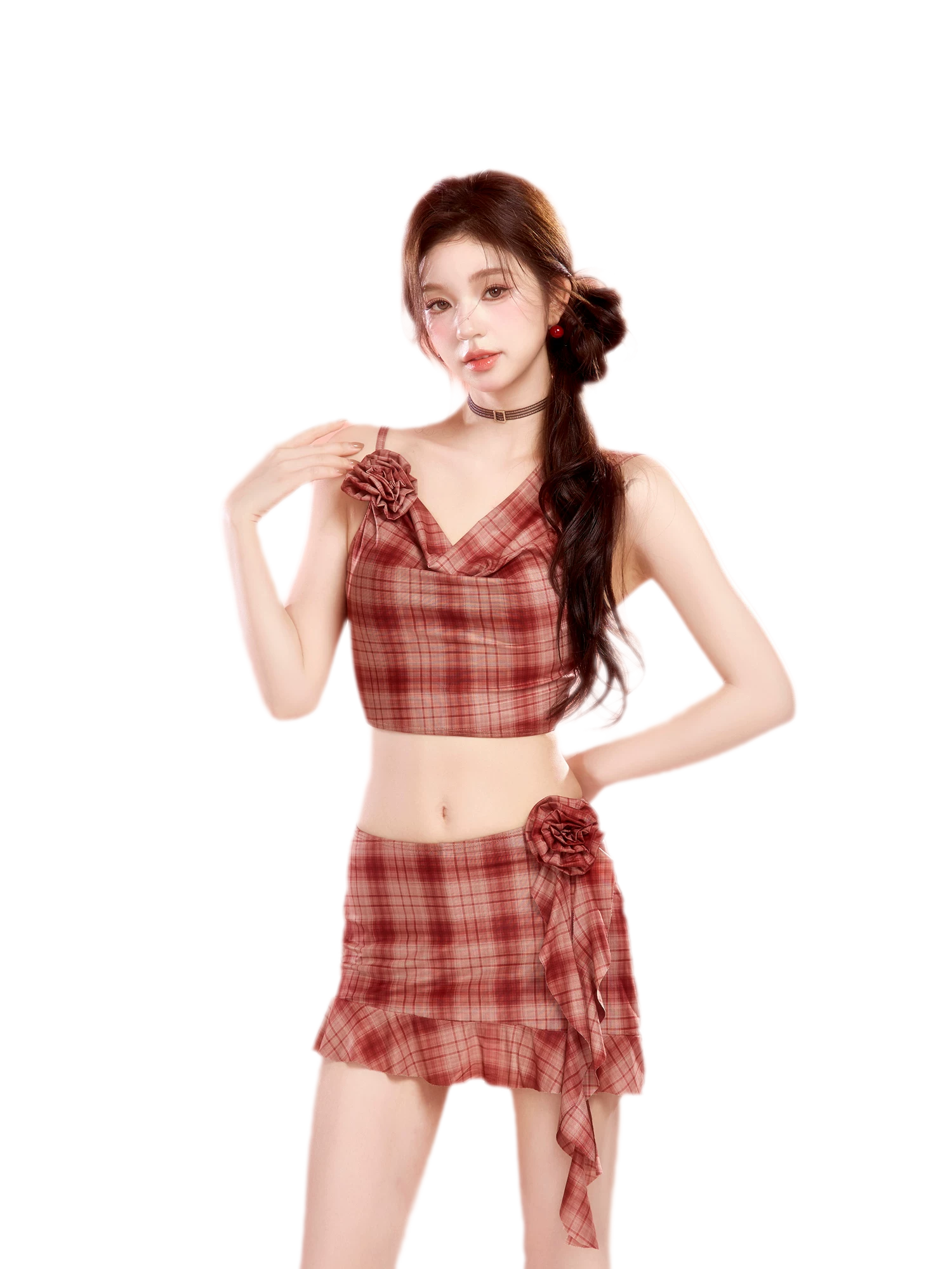 Plaid Cowl Neck Skort Set