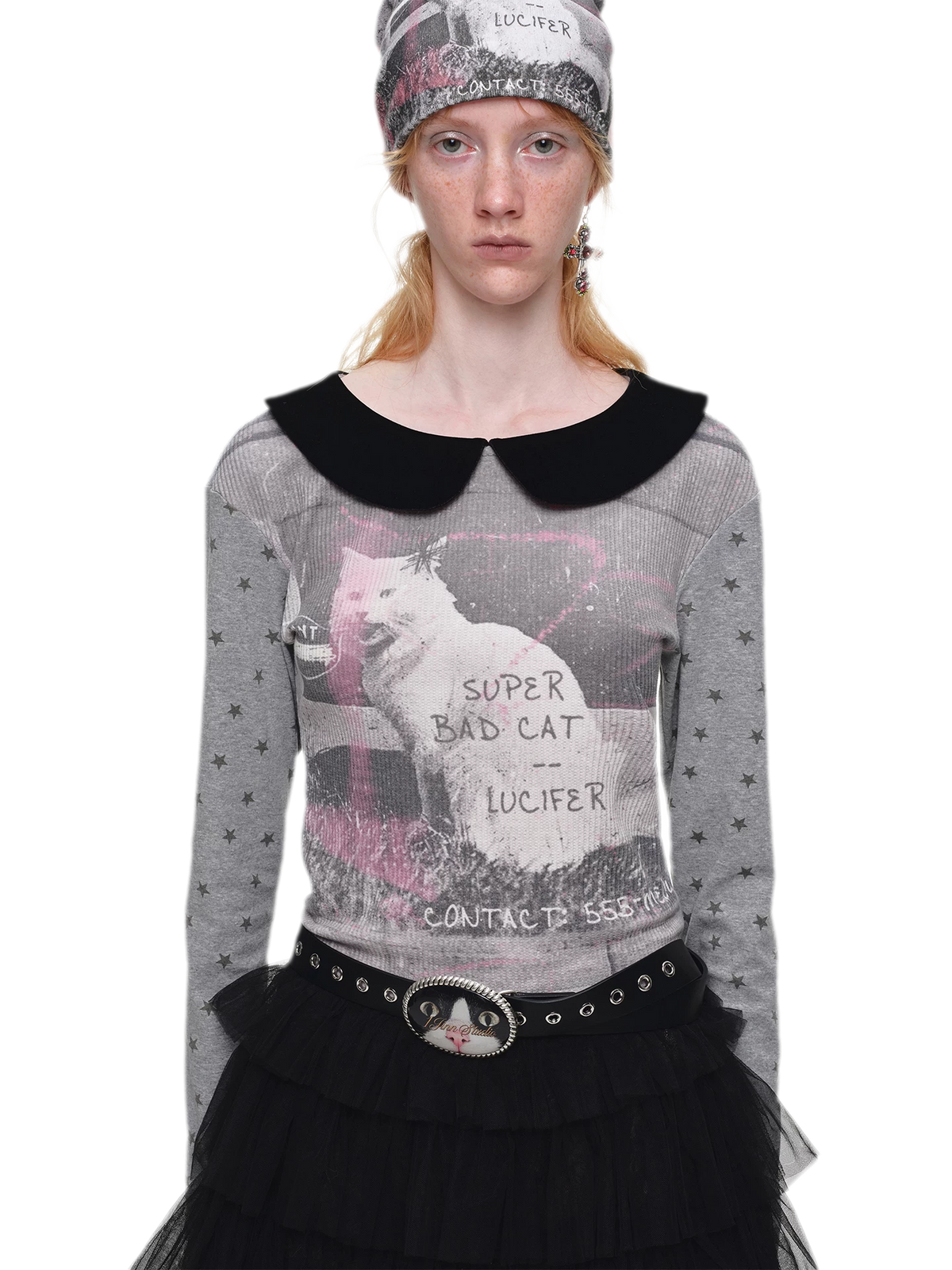 Camiseta de cuello Peter Pan con bloques de color y gato