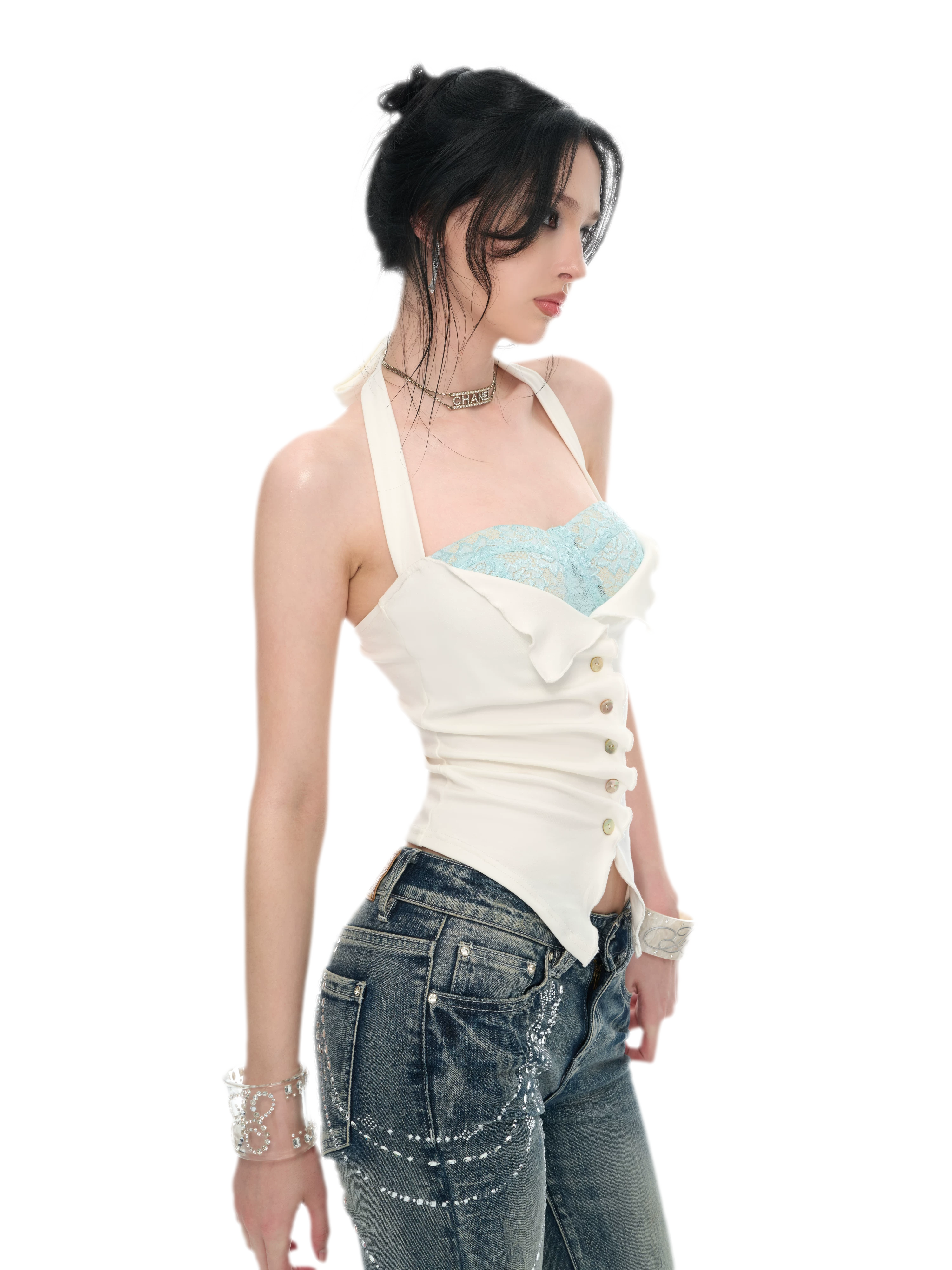 Original Peacock Blue Lace Halter Top