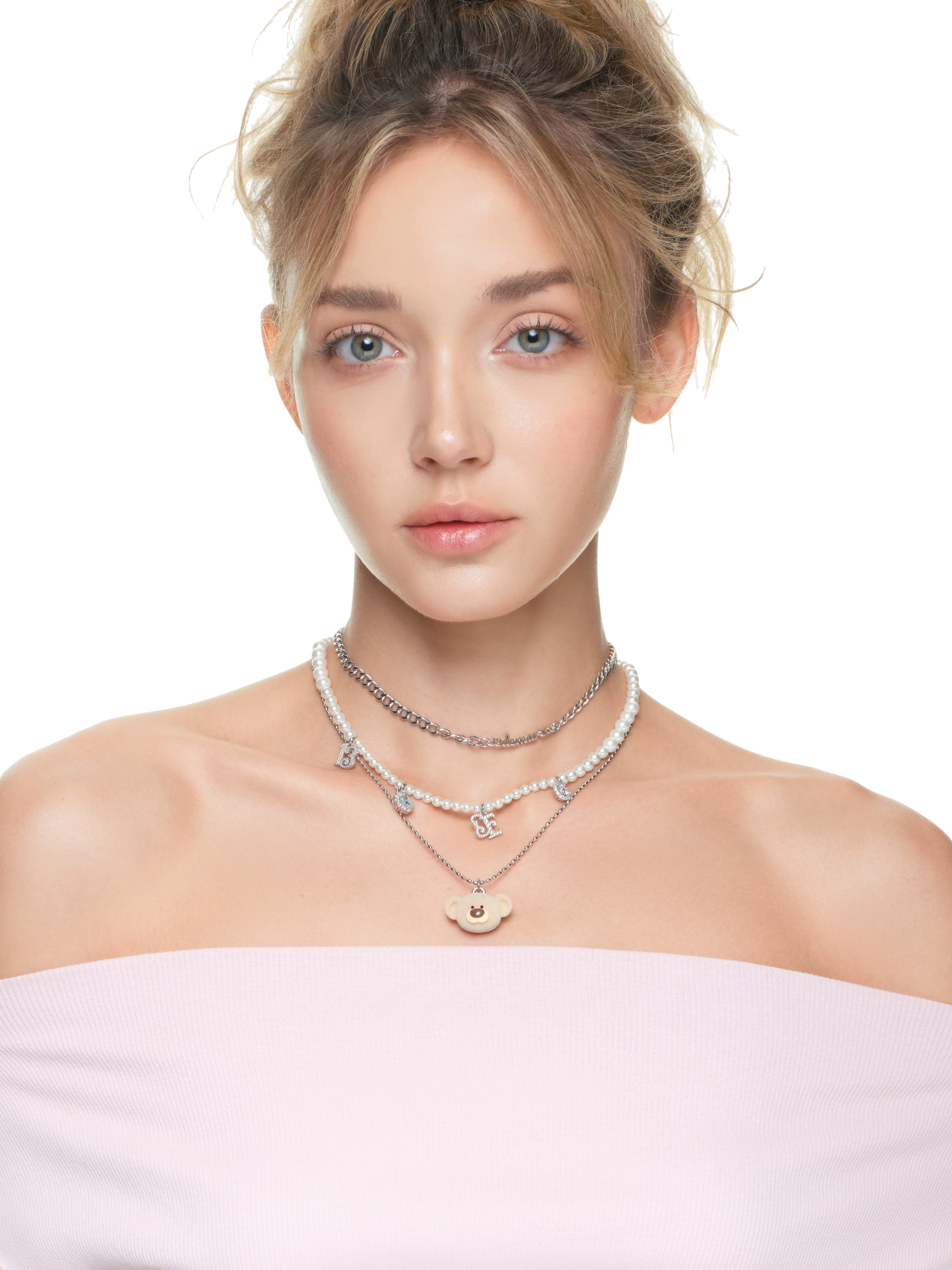 Layered Bear Pendant Necklace in Silver