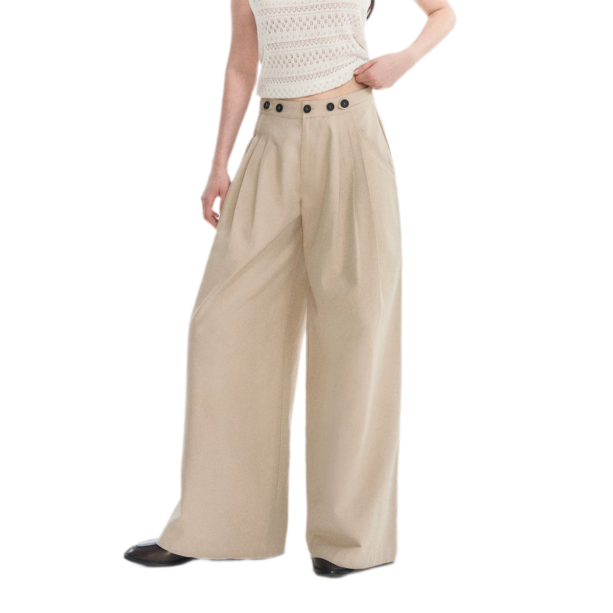 Pantaloni in cotone con pieghe e gamba ampia