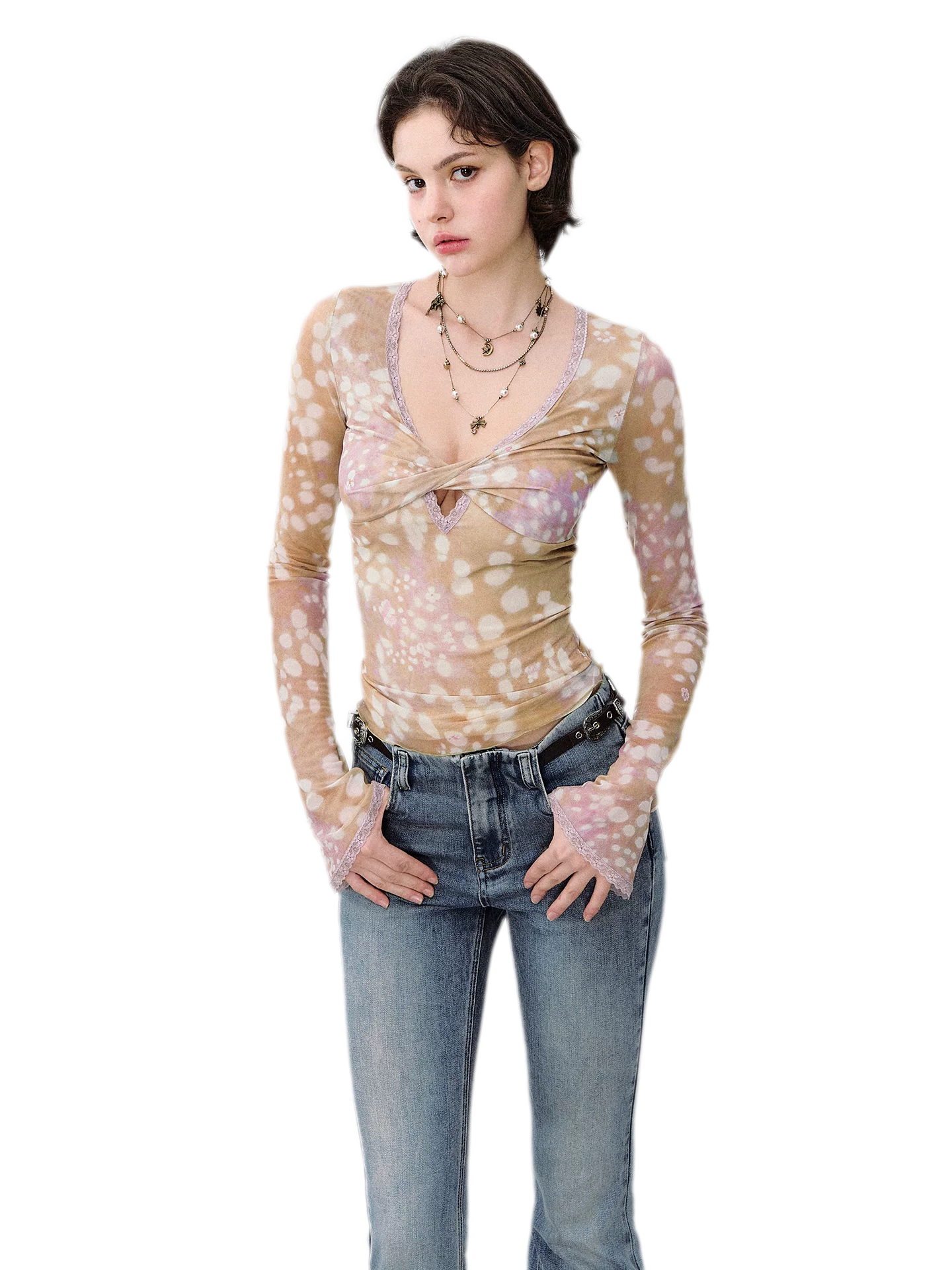 Deer Print Lace Mesh Top