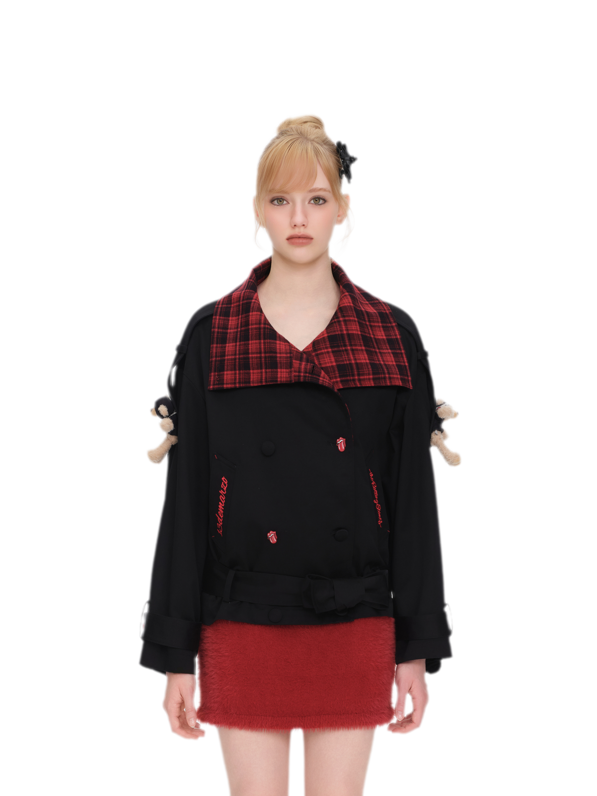 Contrasting Plaid Collar Short Coat