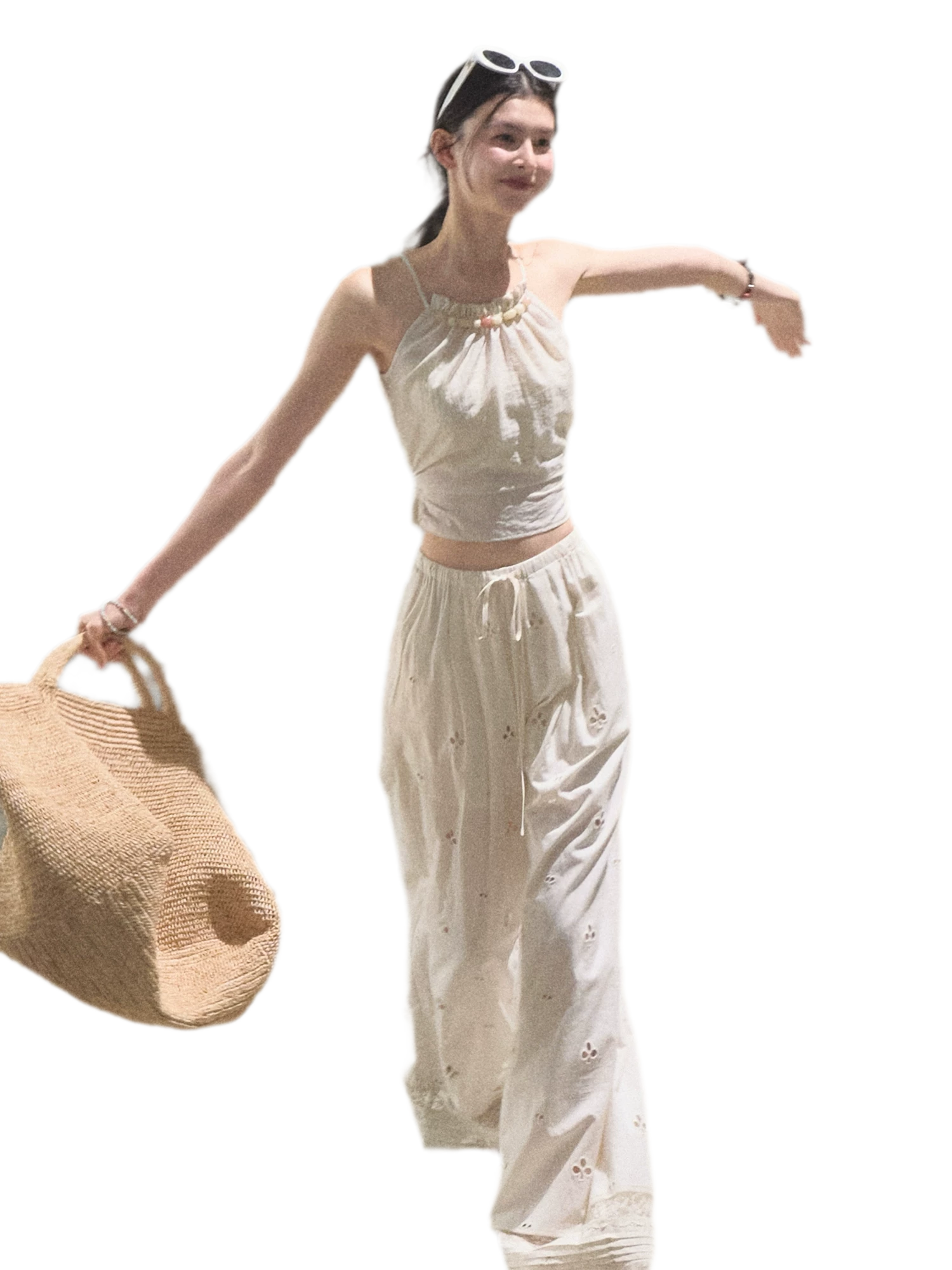 Cotton Eyelet Wide-Leg Pants