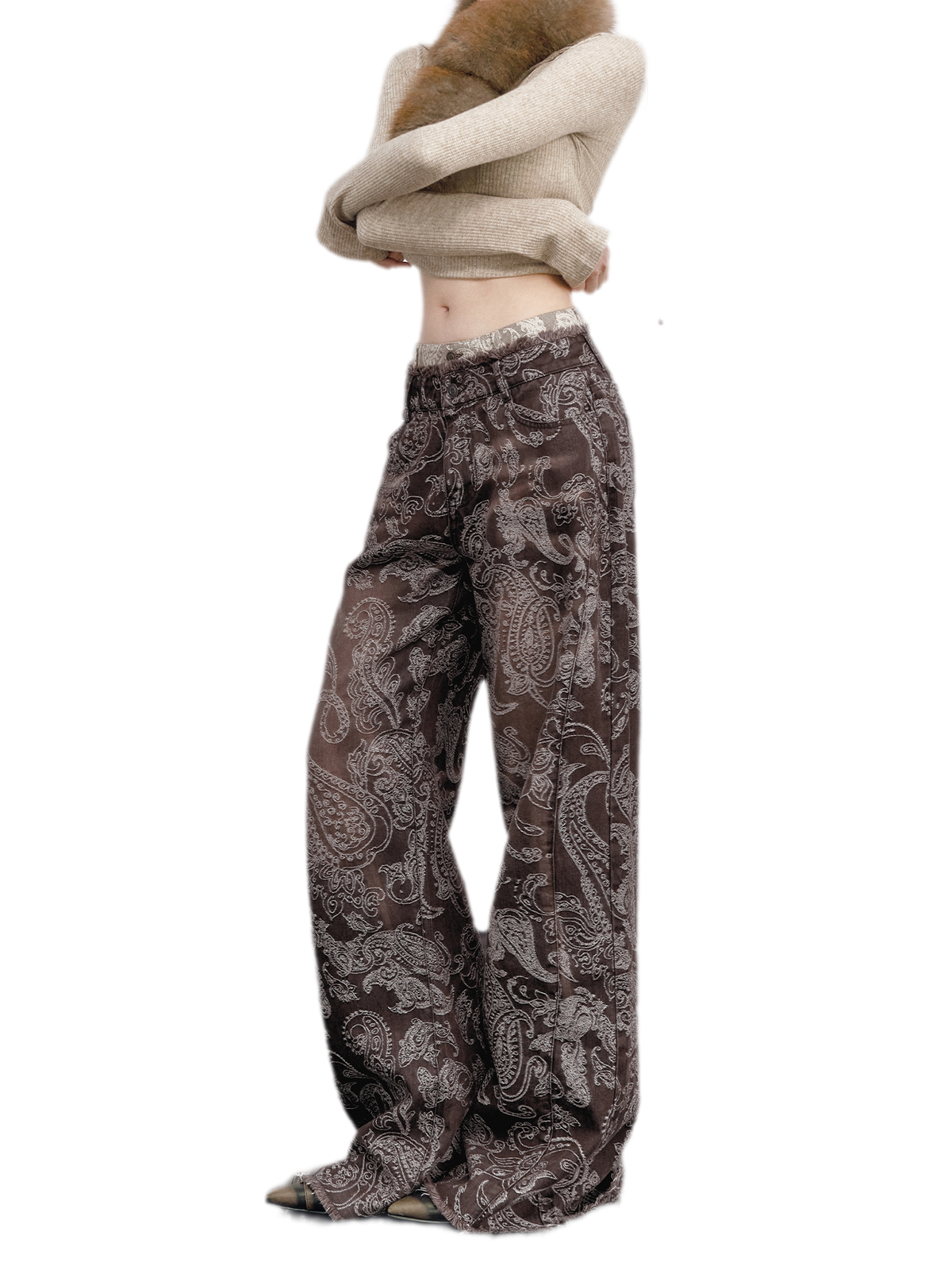 Paisley Double-Waist Frayed Jeans