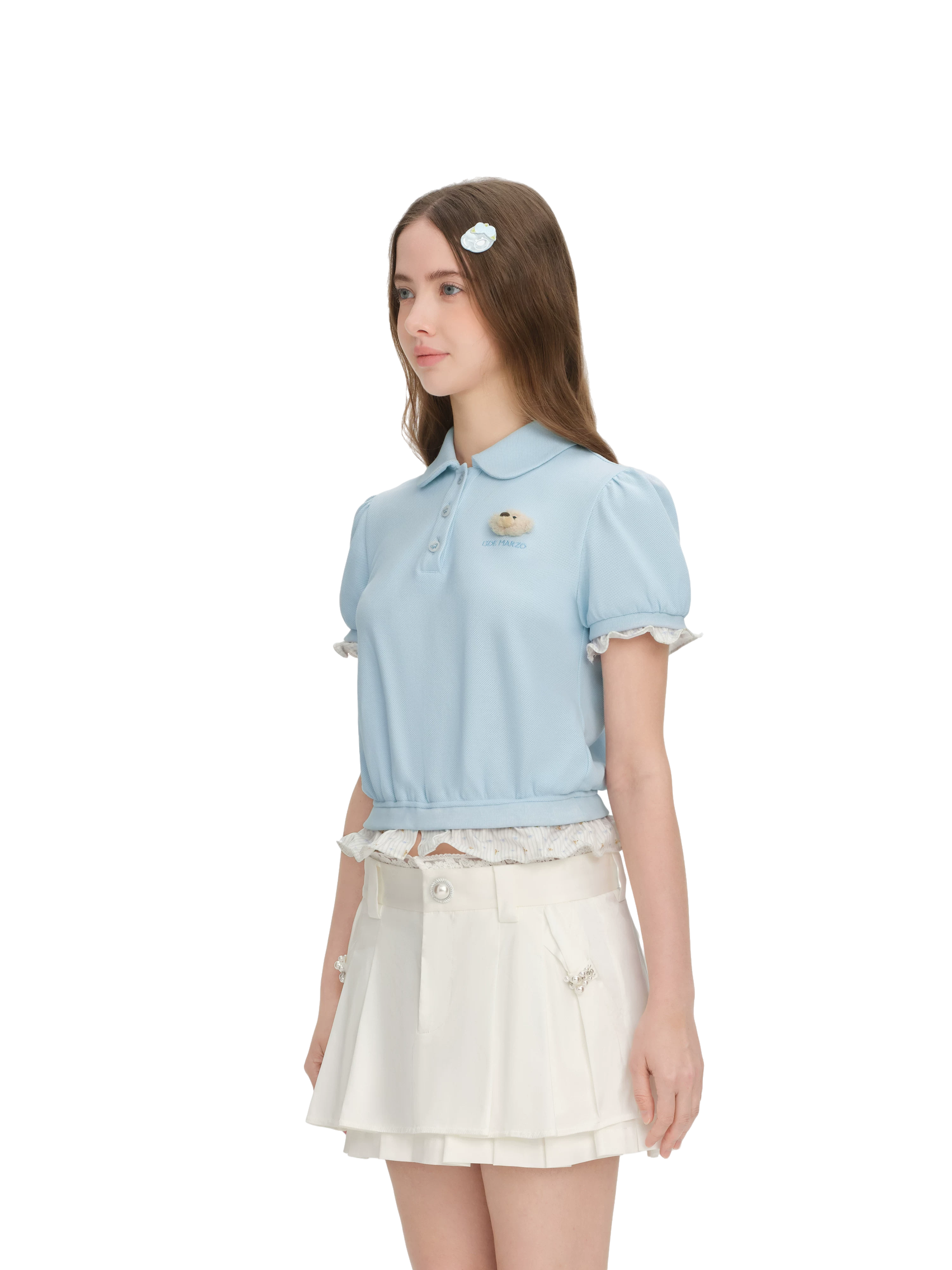 Gathered Puff Sleeve Polo T-shirt