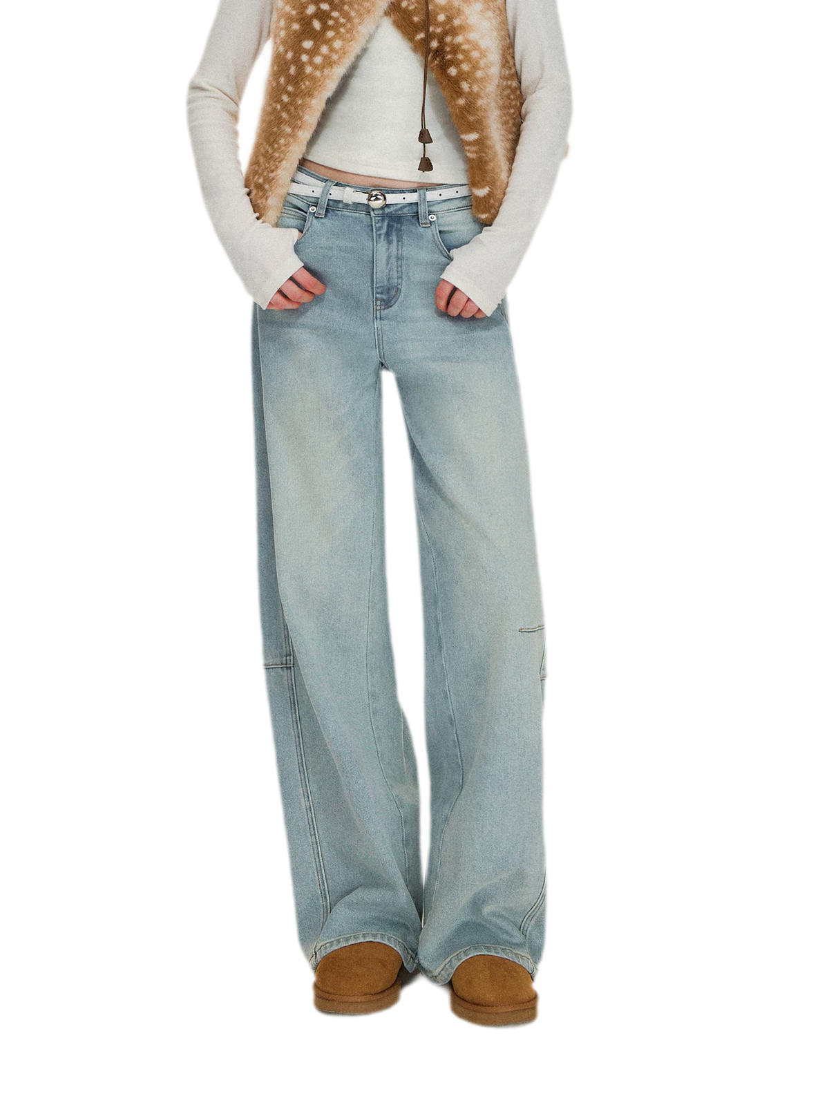 Washed Curved Wide-Leg Jeans