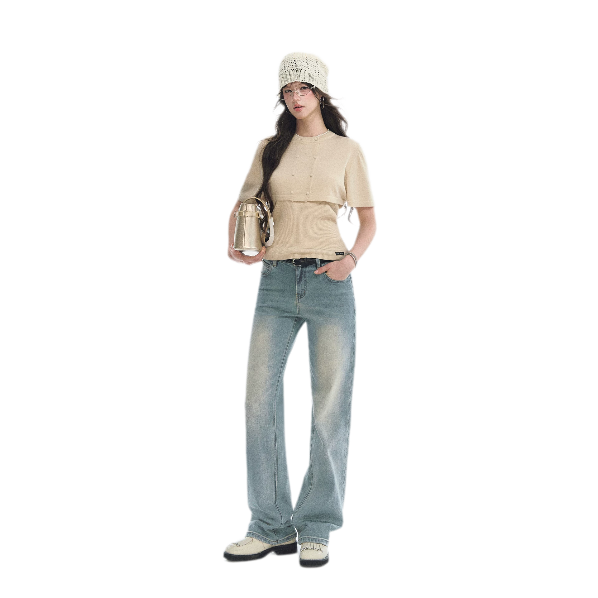 Washed Bow Embroidery Jeans
