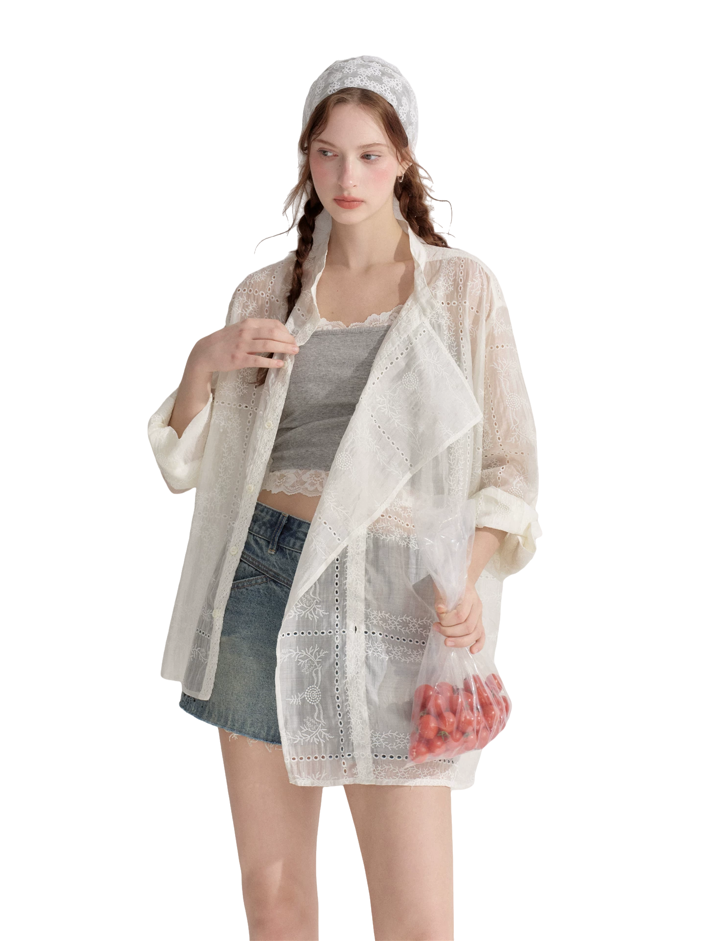 Hollow Embroidered Long Sleeve Sun Protection Shirt