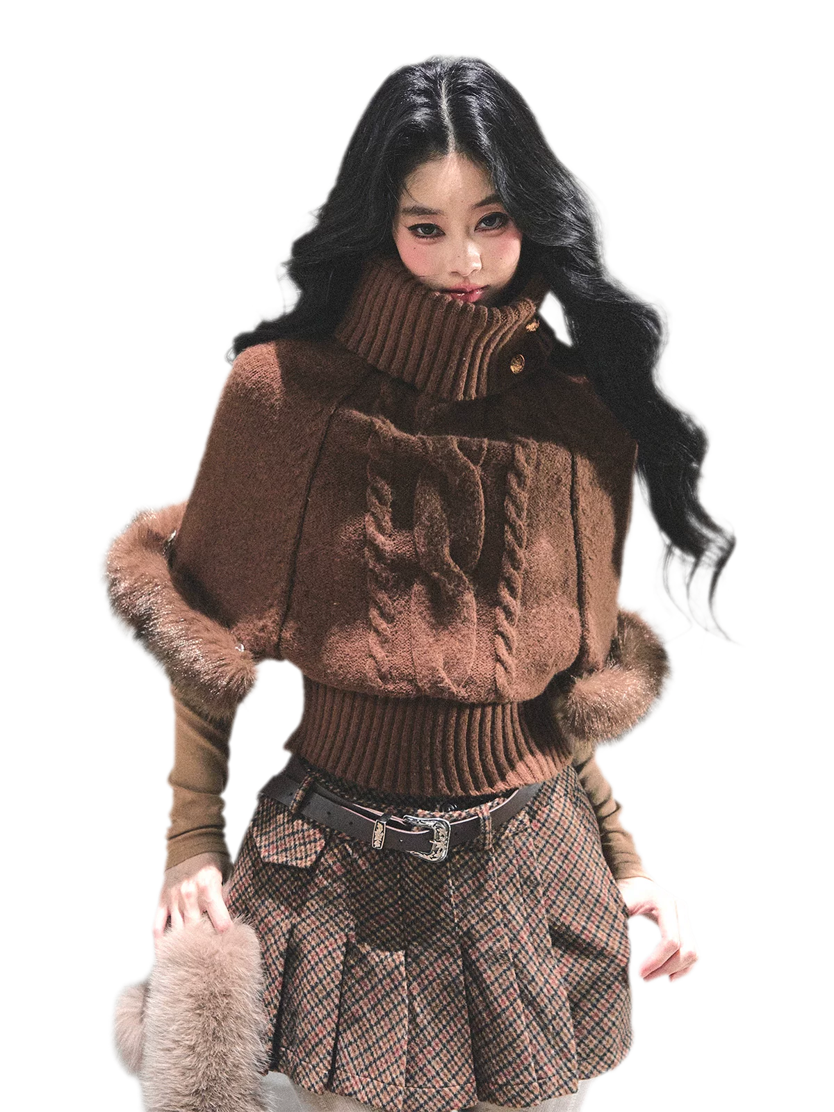 モヘアケーブル編みタートルネックセーター