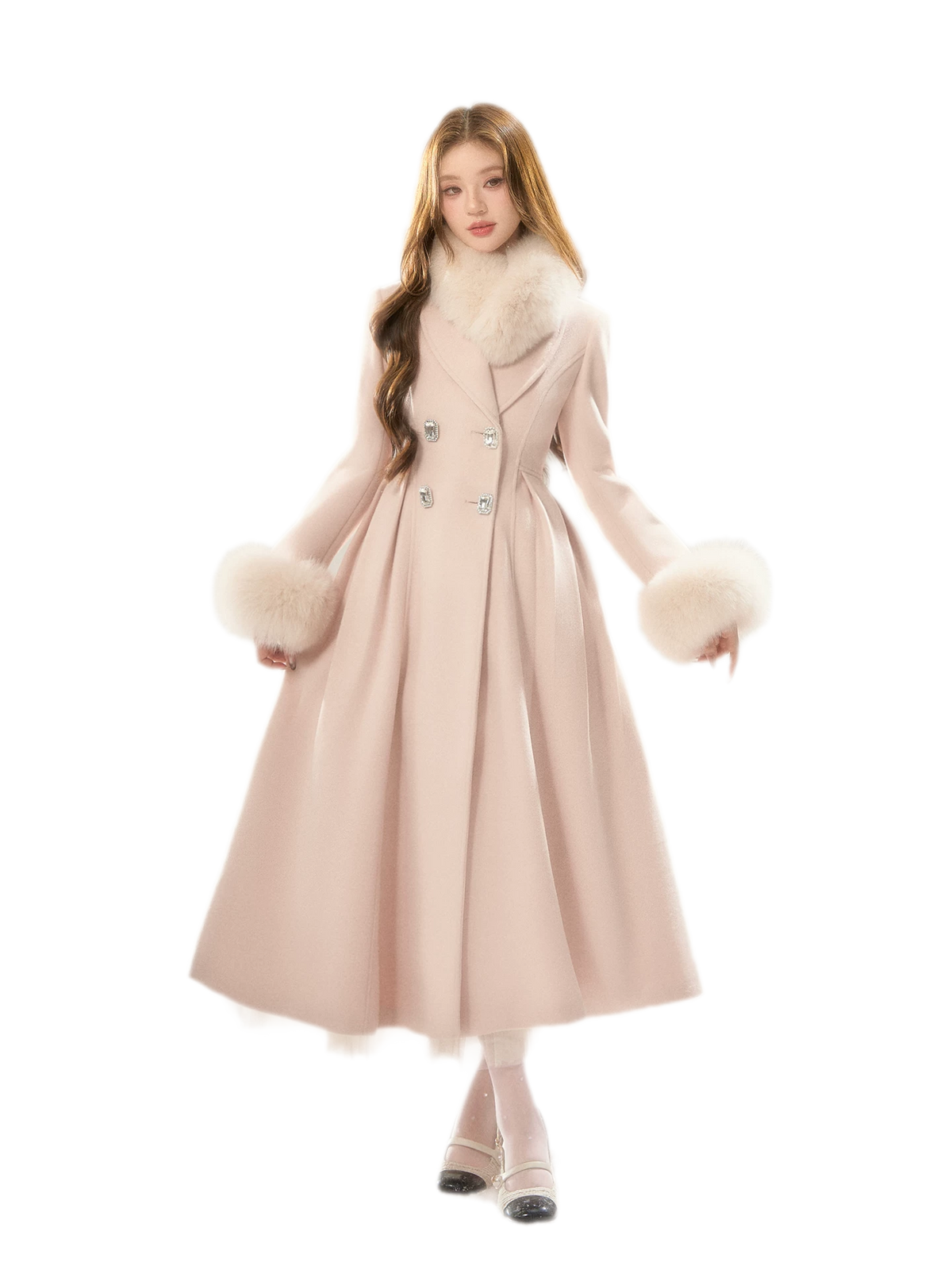 Double-Breasted Cinched Wool Blend Coat