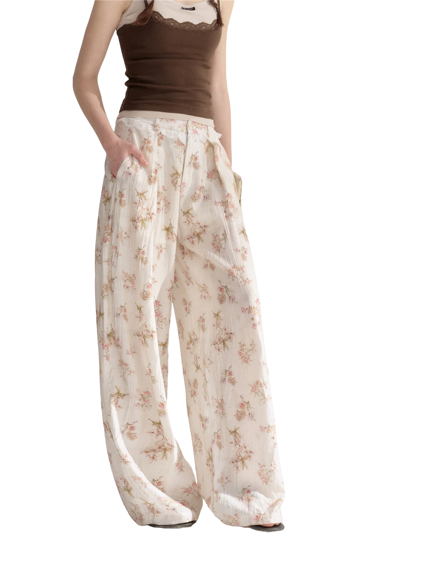 Lightweight Printed Wide-Leg Pants with Lace Waistband