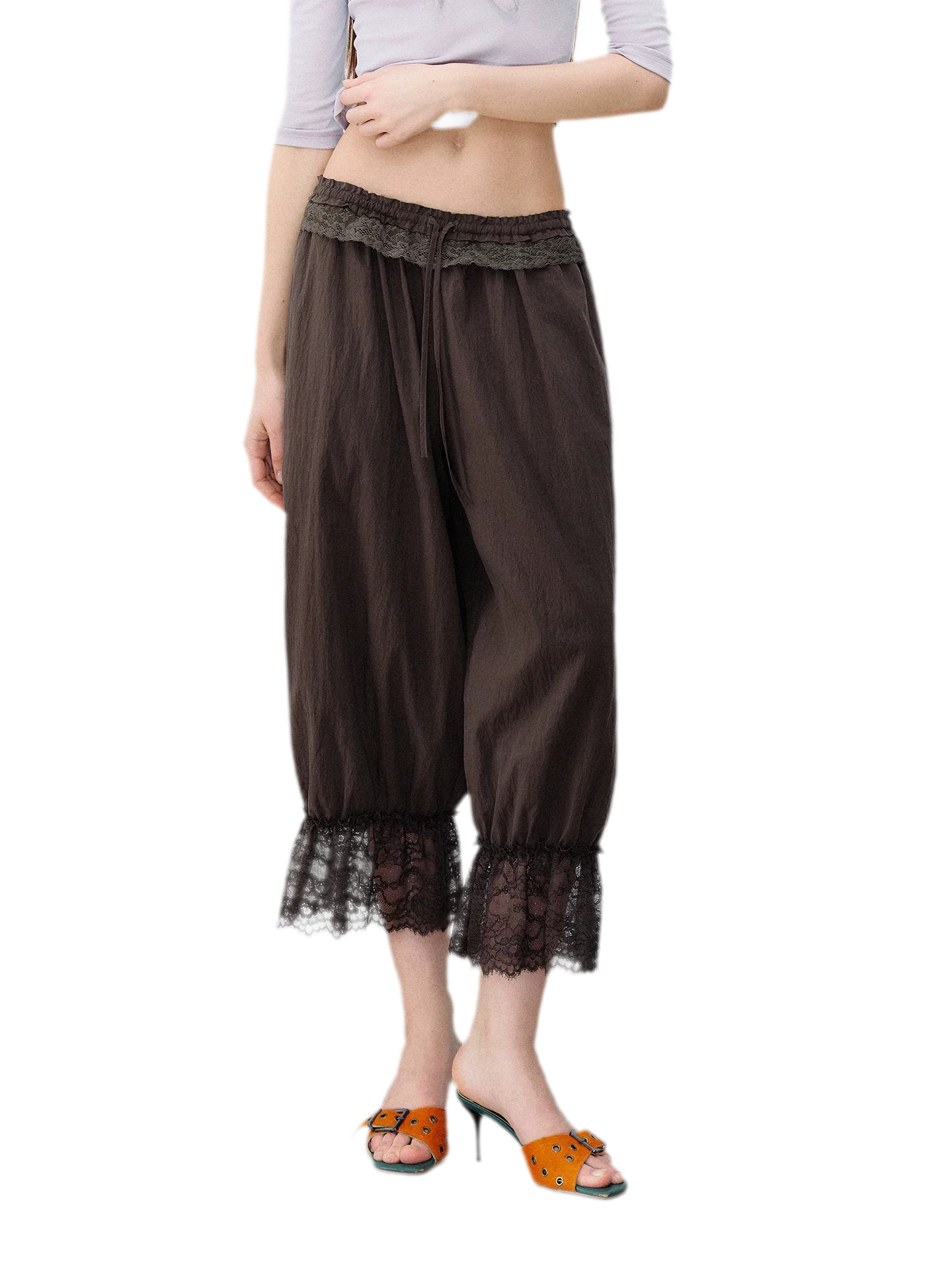 Relaxed Fit Tencel Lace Patchwork Wide Leg Pants