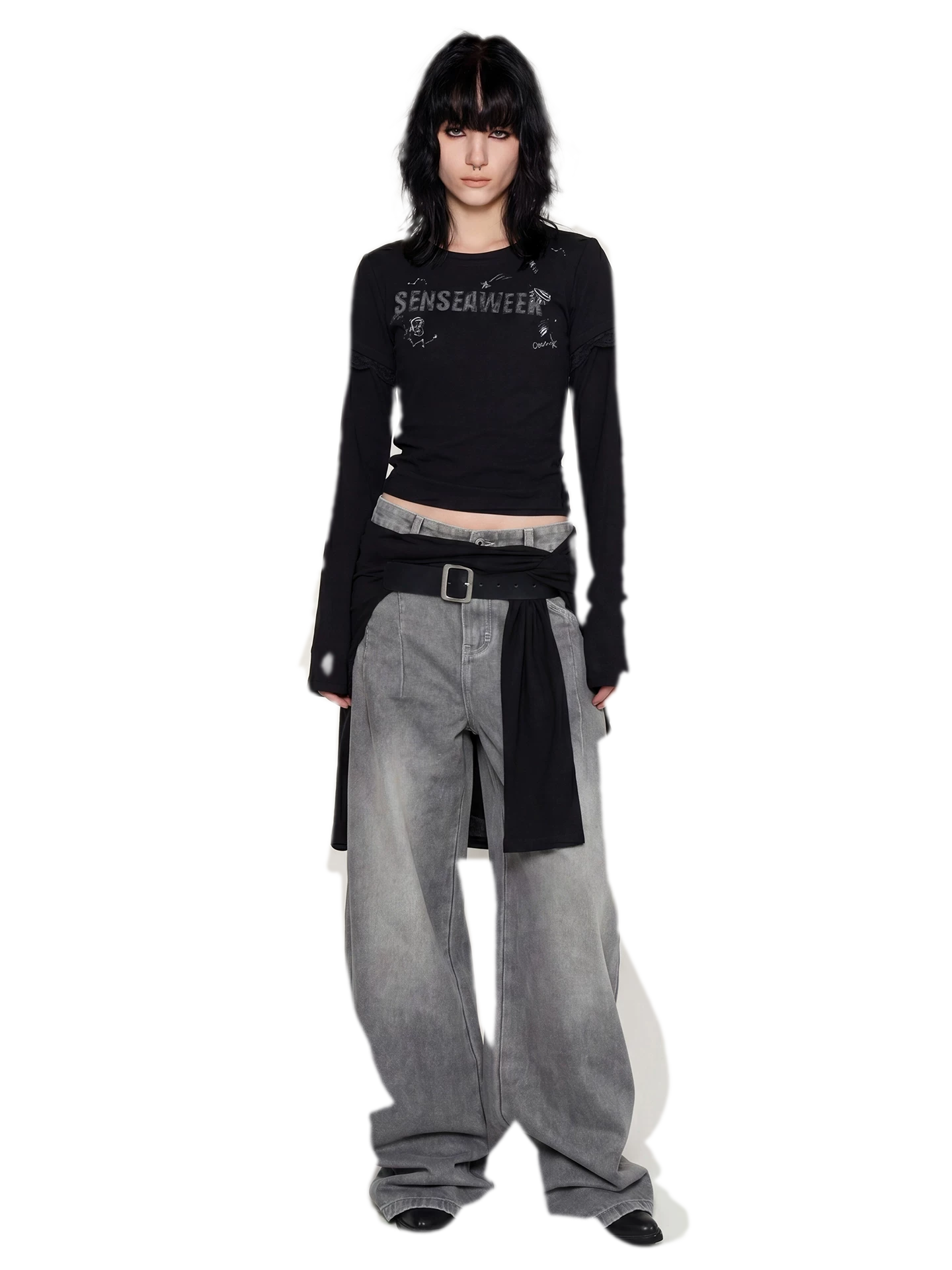 Ribbed Lace Trim Layered T-Shirt