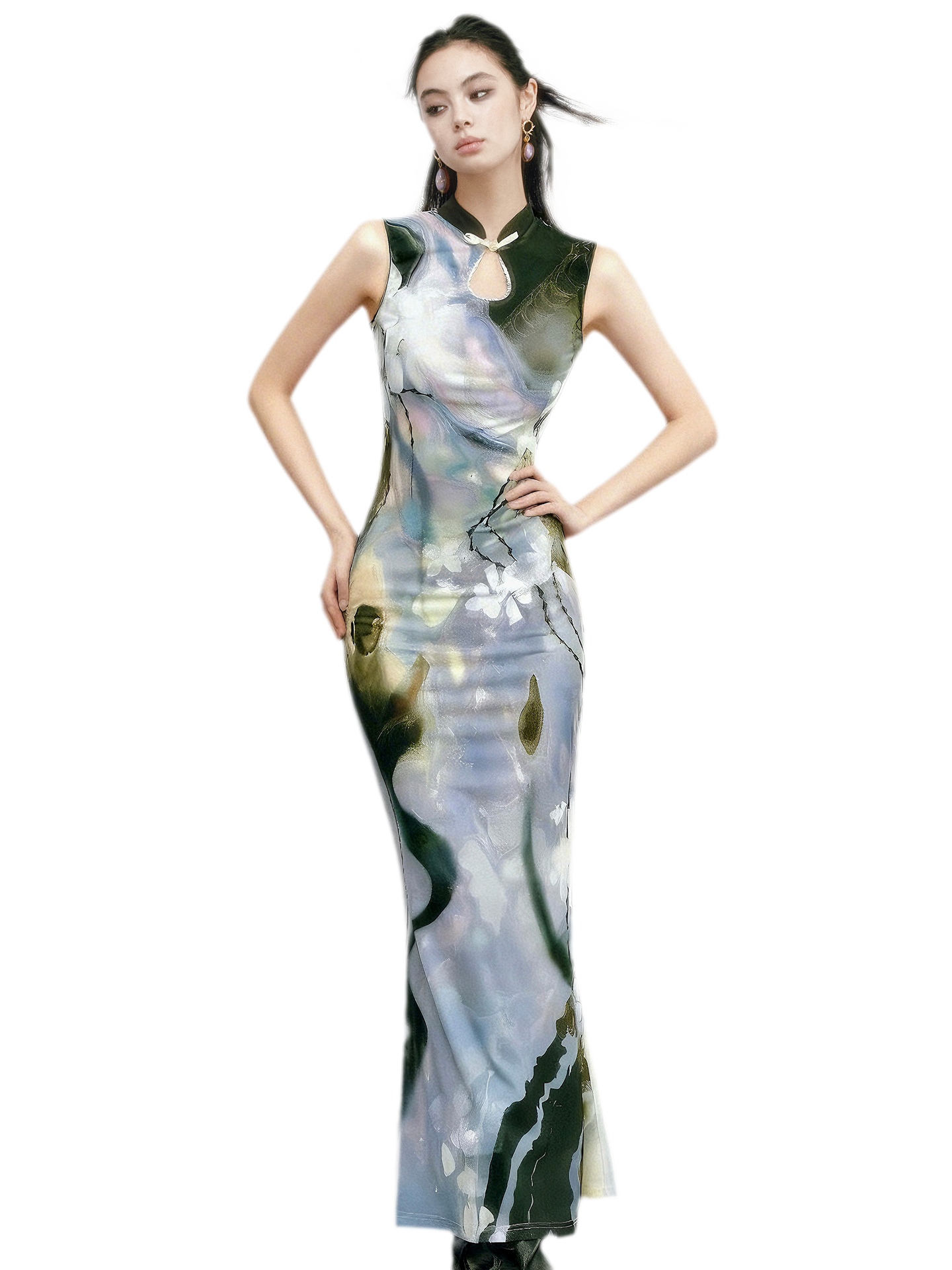 Black Rose Impressionist Print High-Waist Mermaid Dress