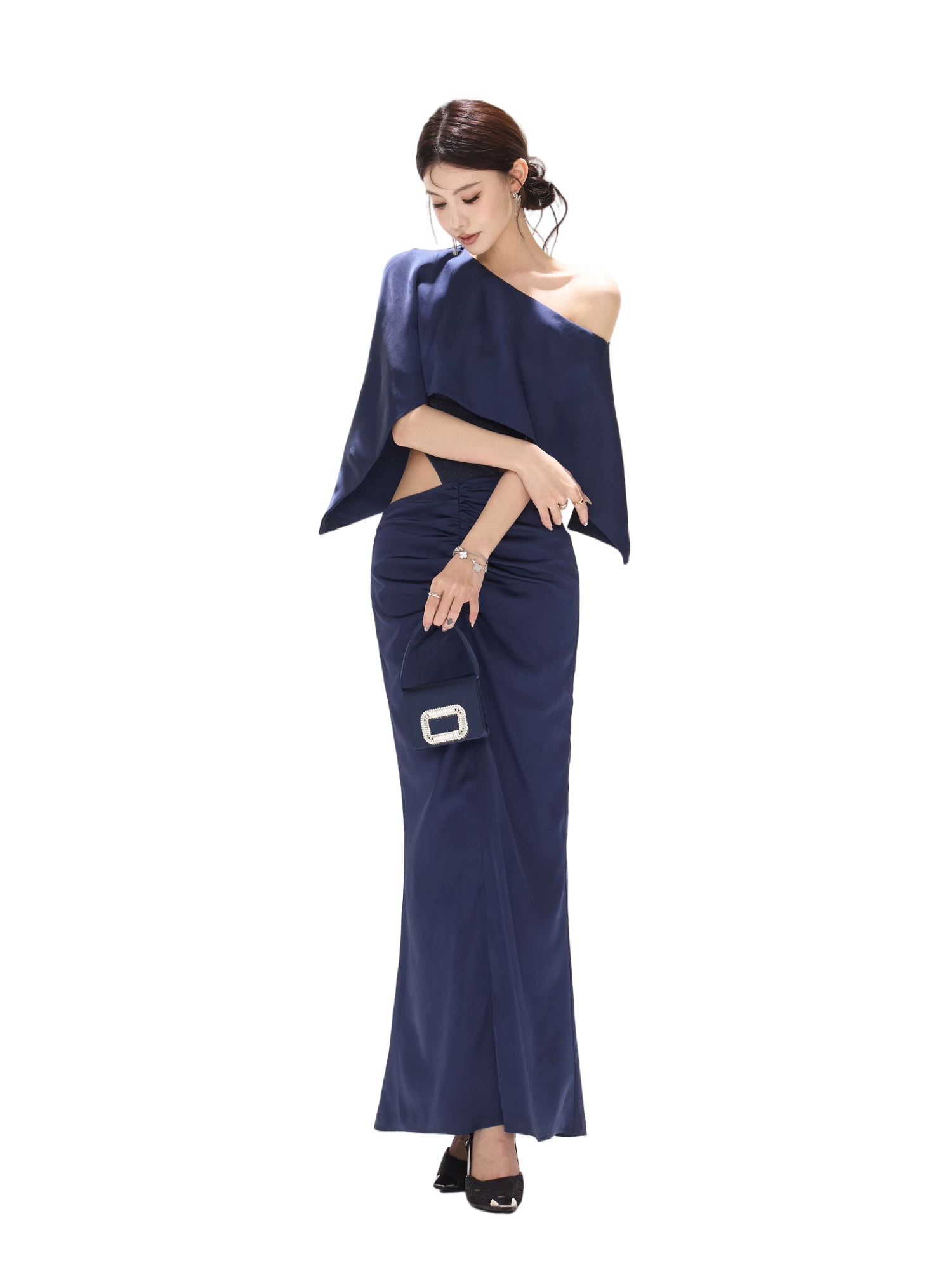 Night Banquet Muse Indigo Asymmetric Off-Shoulder Long Dress