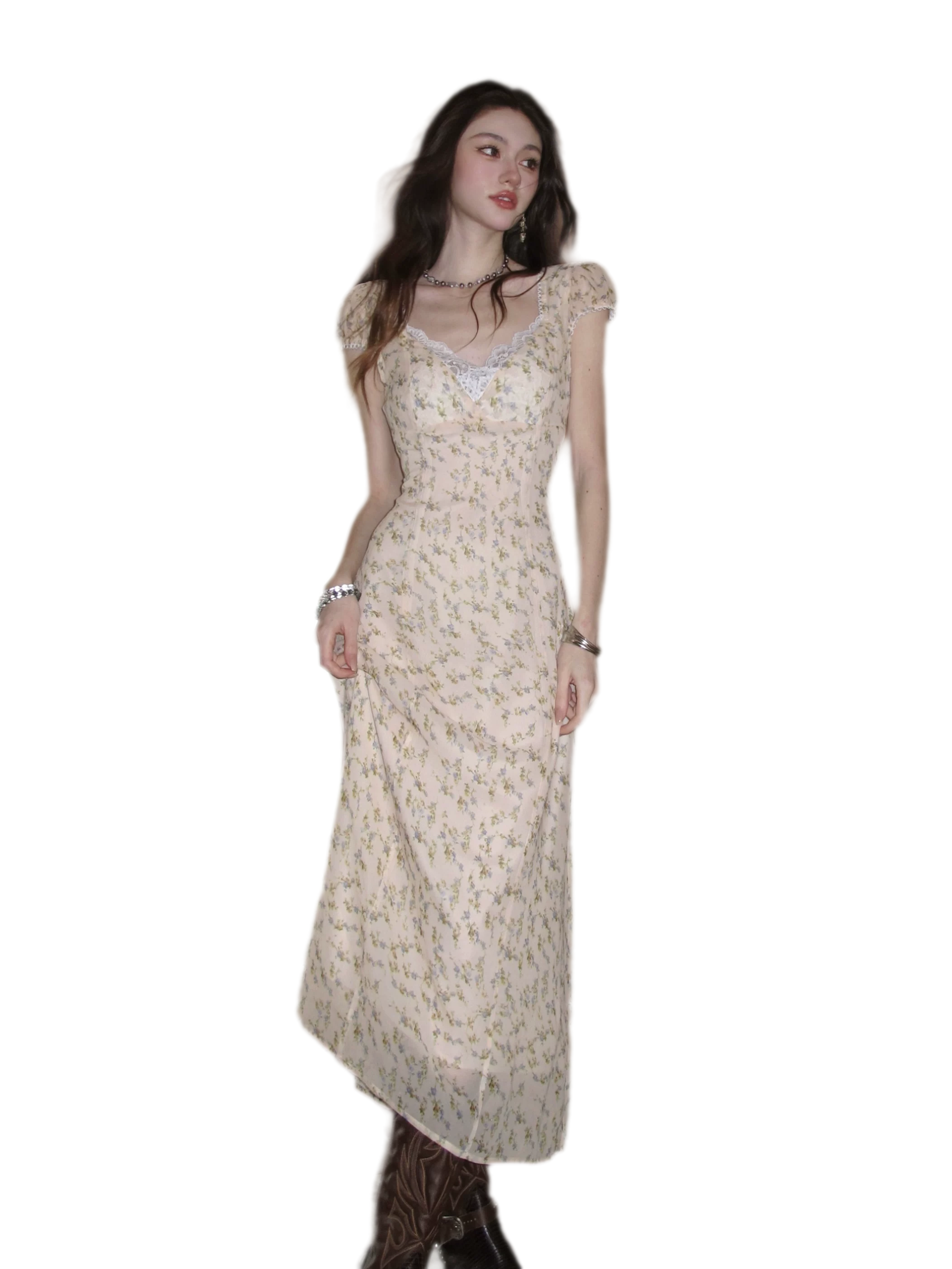 Lace V-Neck Long Dress