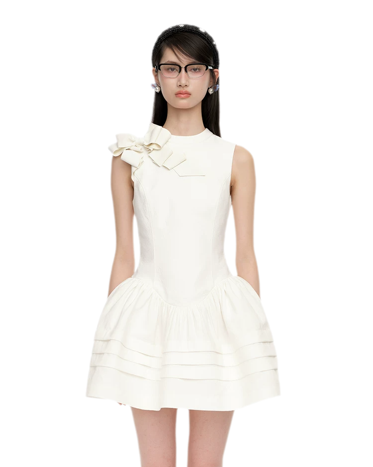 SHUSHU/TONG Elegant Summer Dress with Side Bow Detail White / S/8