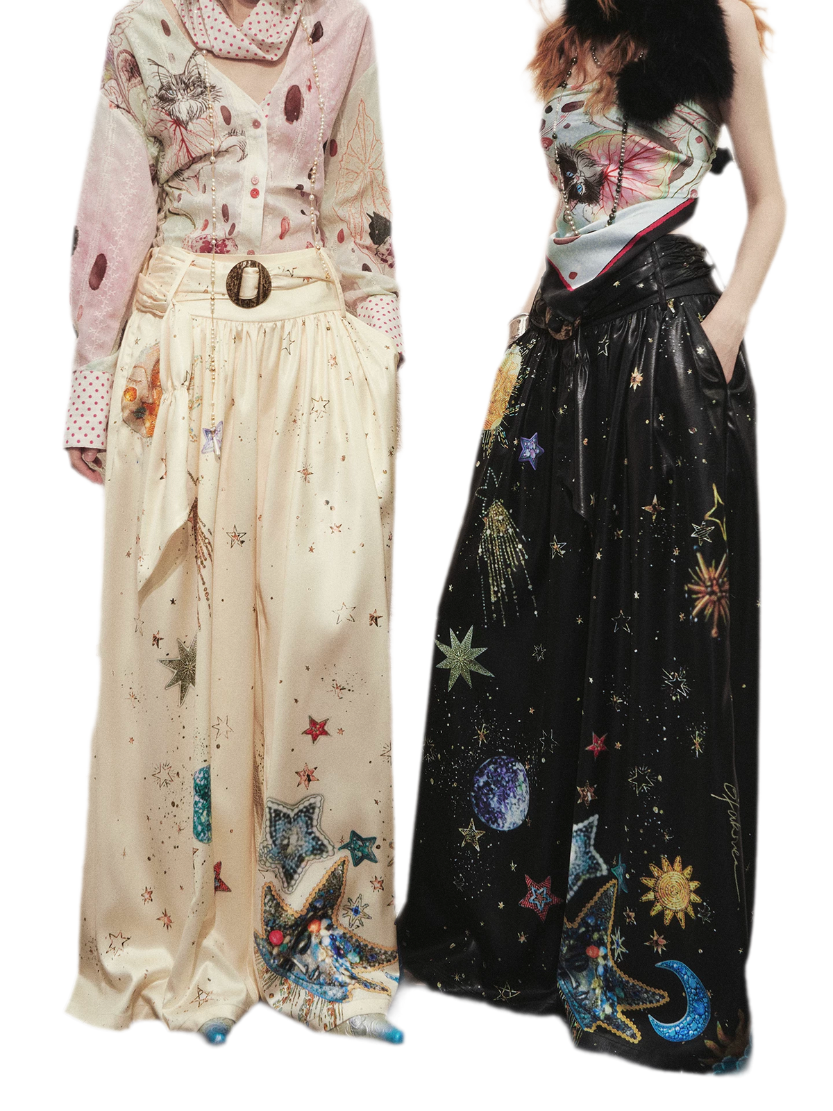 Printed Pleated Wide-Leg Pants