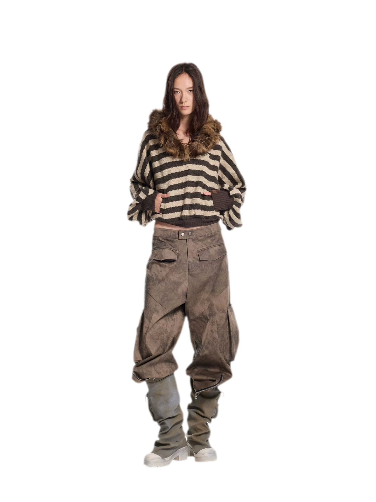 Striped Faux-Fur Collar Sweater