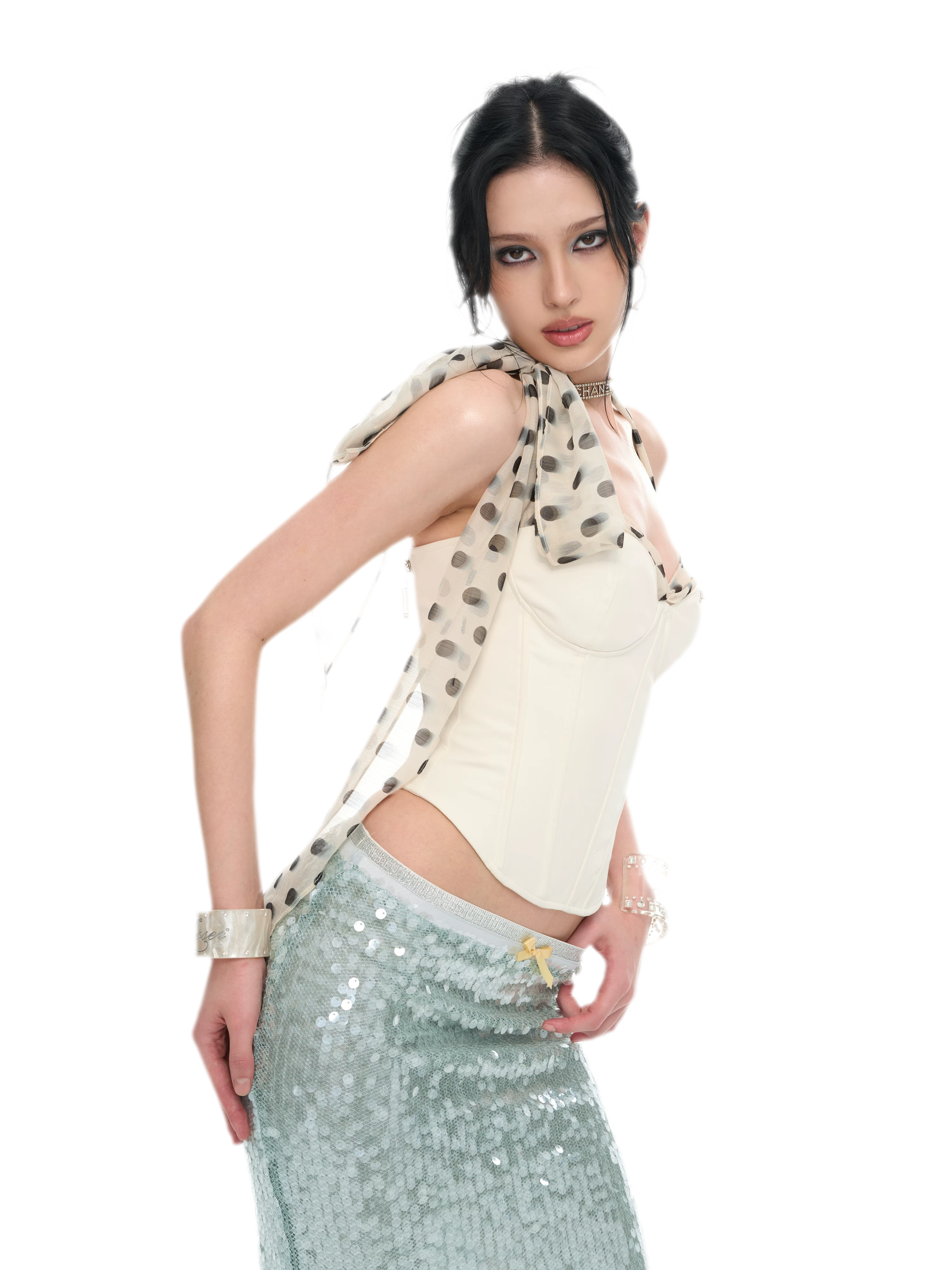 White Polka Dot Chiffon Corset