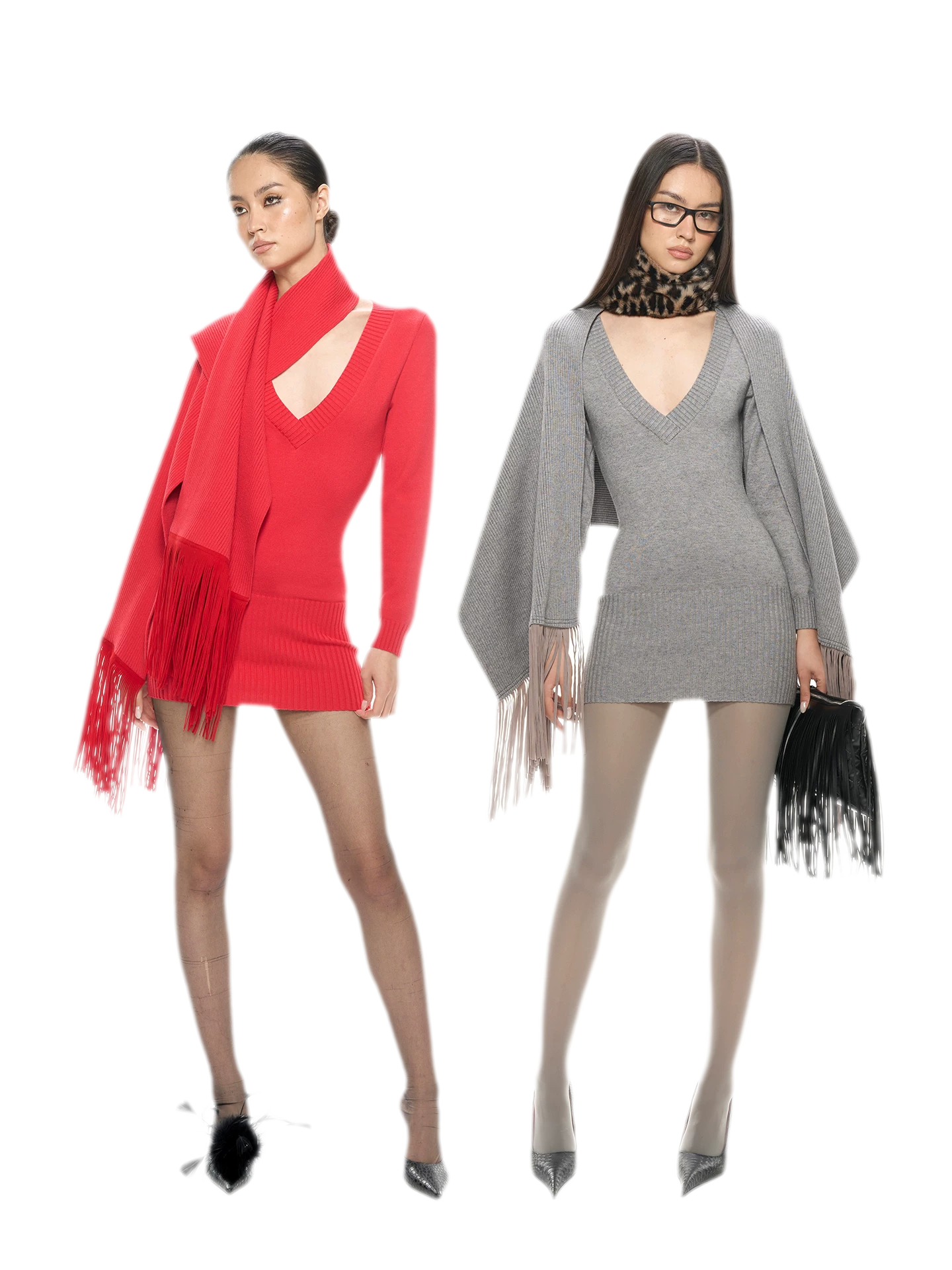 Deep V Fringe Knit Dress