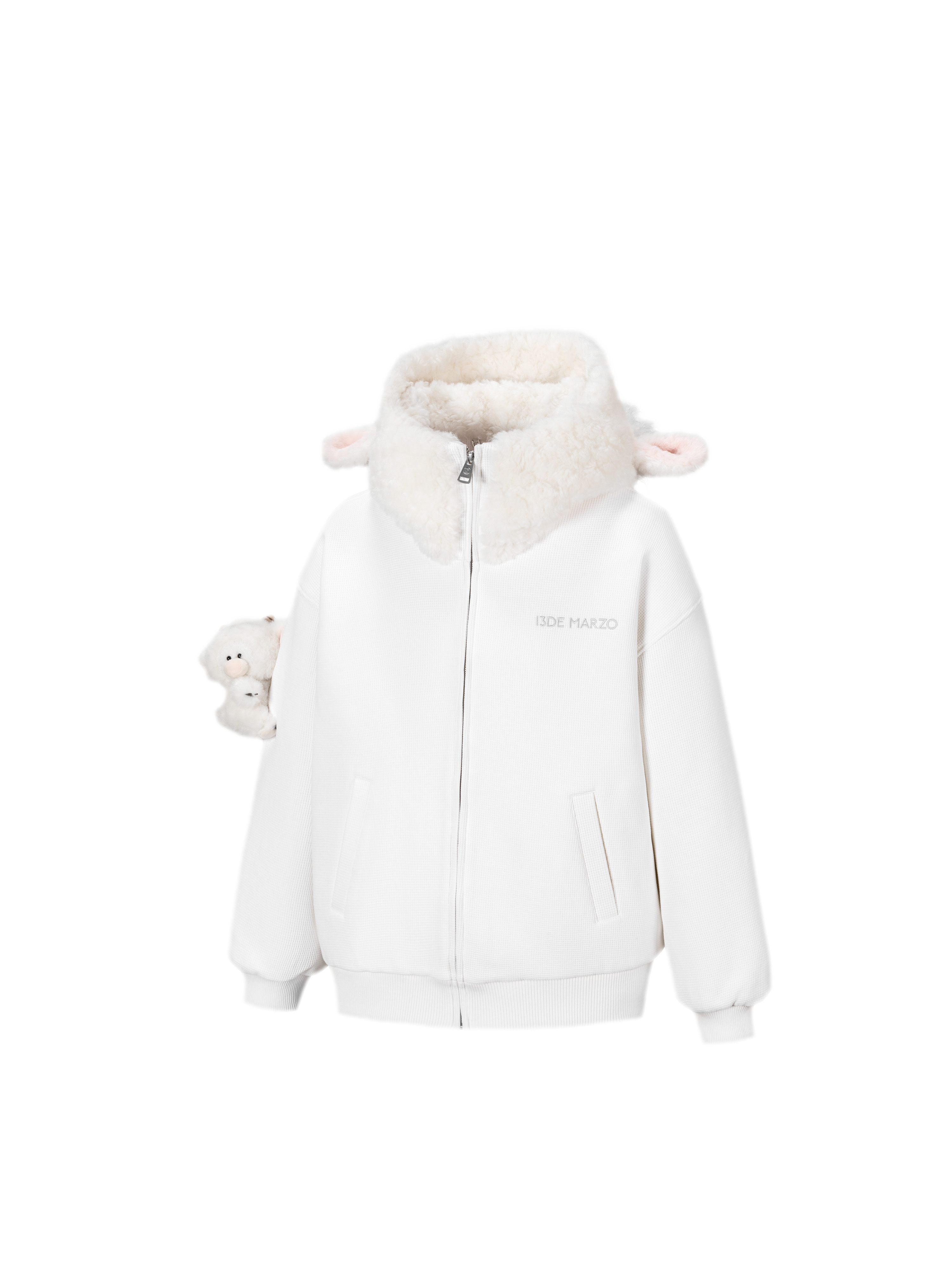 Textured Lamb Bear Zip Hoodie