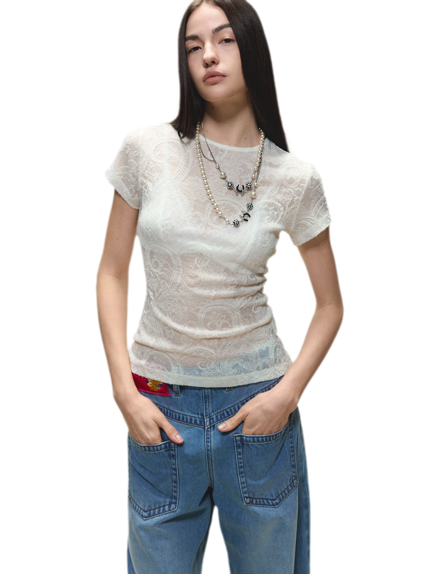 Sheer Wool Lace Paisley Short Sleeve T-shirt