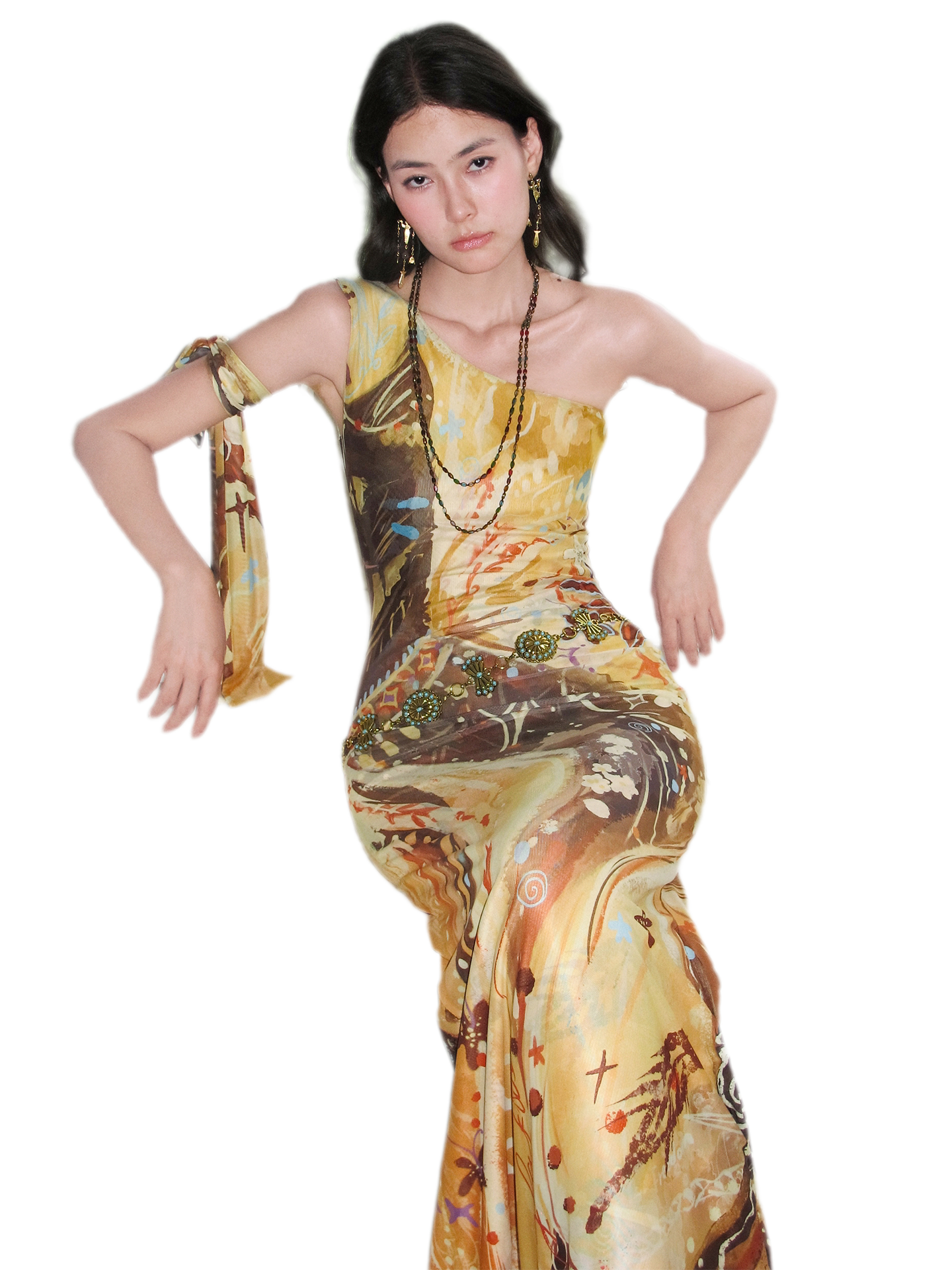 Printed One-Shoulder Fishtail Dress