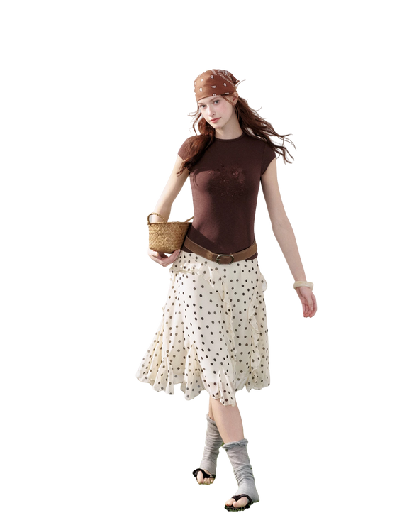 Vintage Polka Dot Colorblock Ruffle Chiffon Midi Skirt