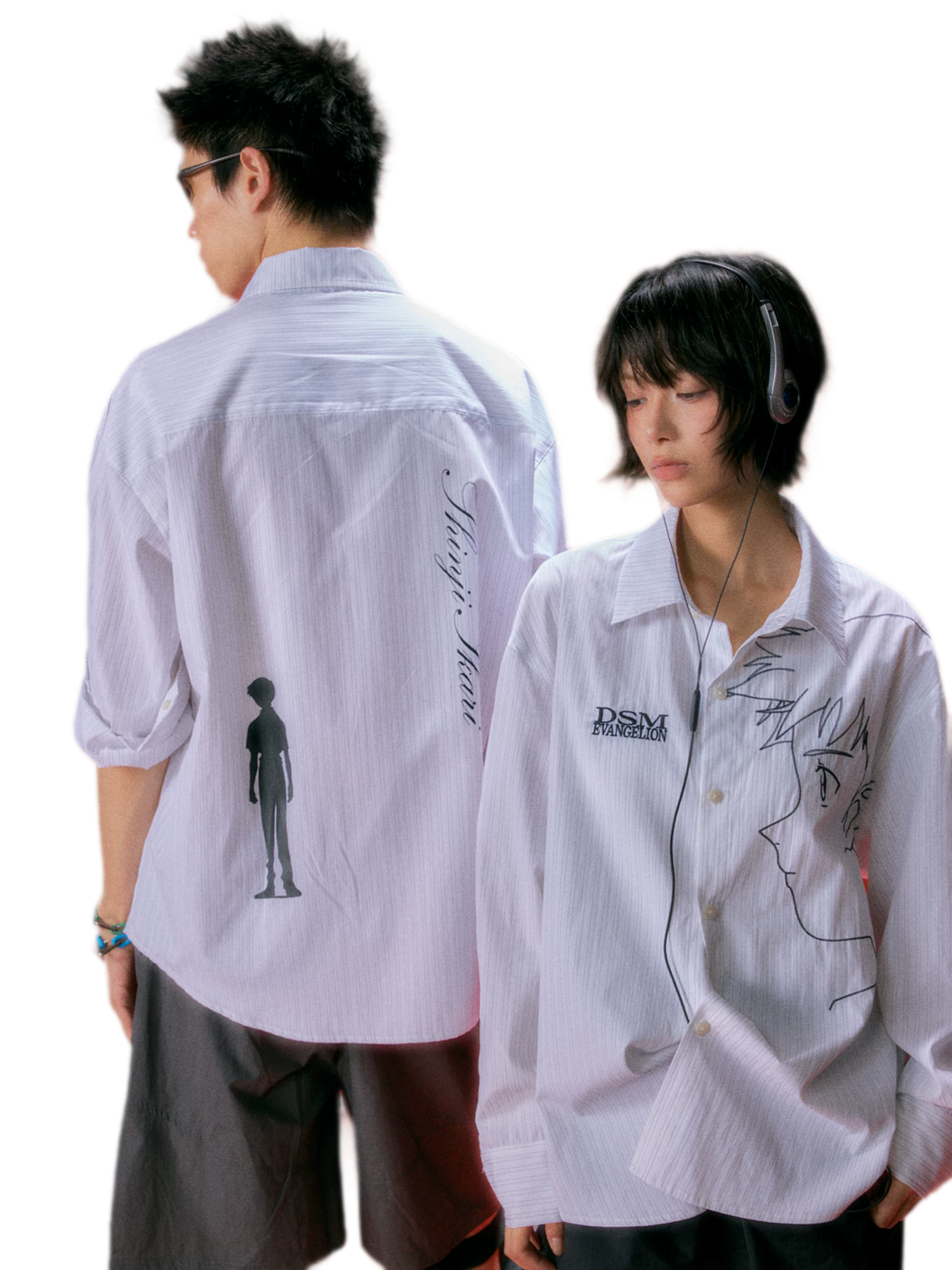 Fine-Stripe Embroidered Graphic Shirt