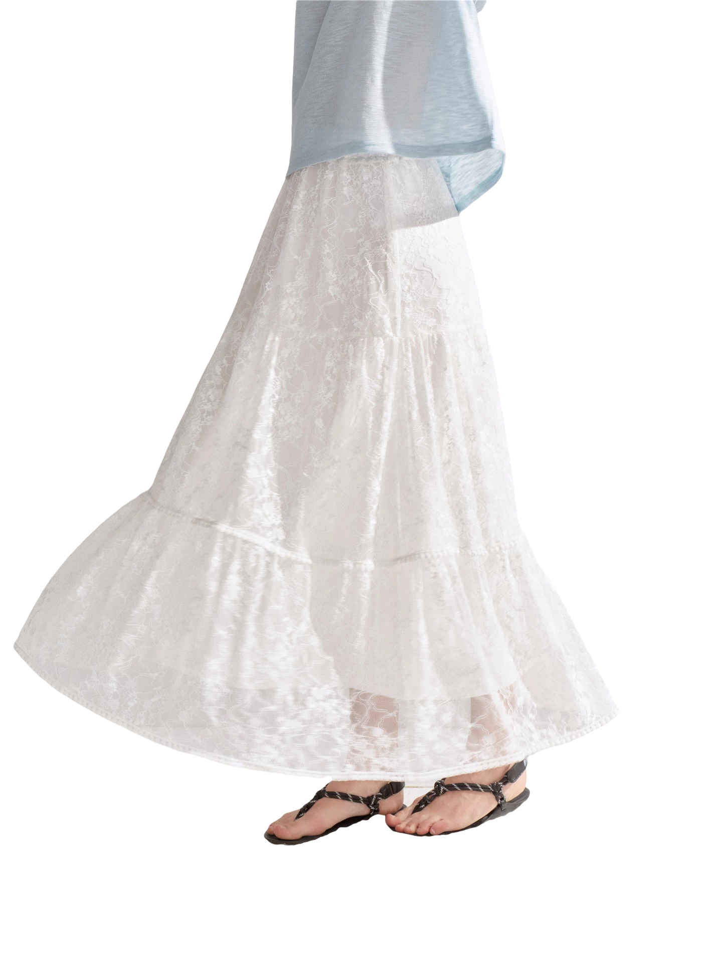 Lace Trim Elastic Waist A-line Long Skirt