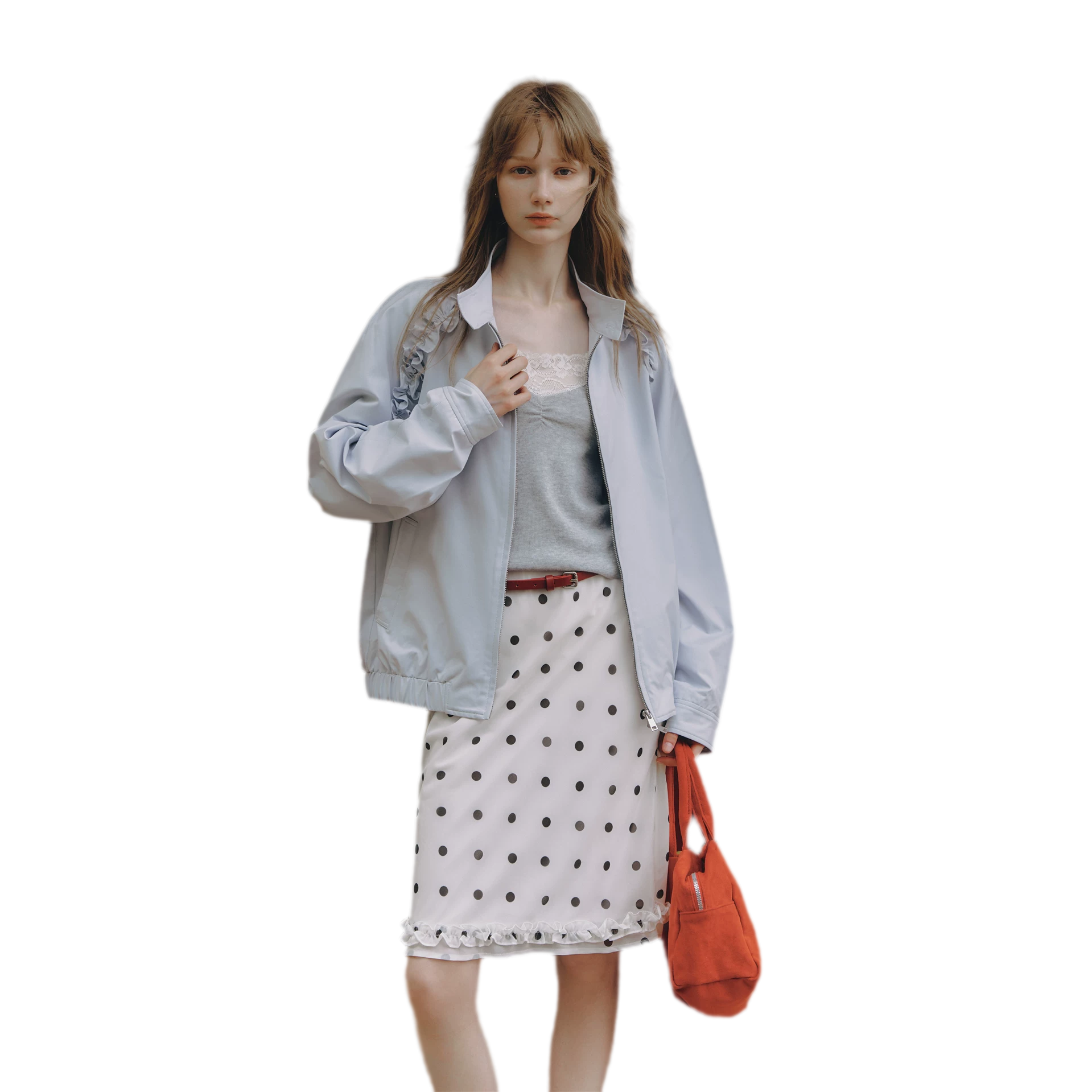 Ruffled Stand Collar Harrington Jacket