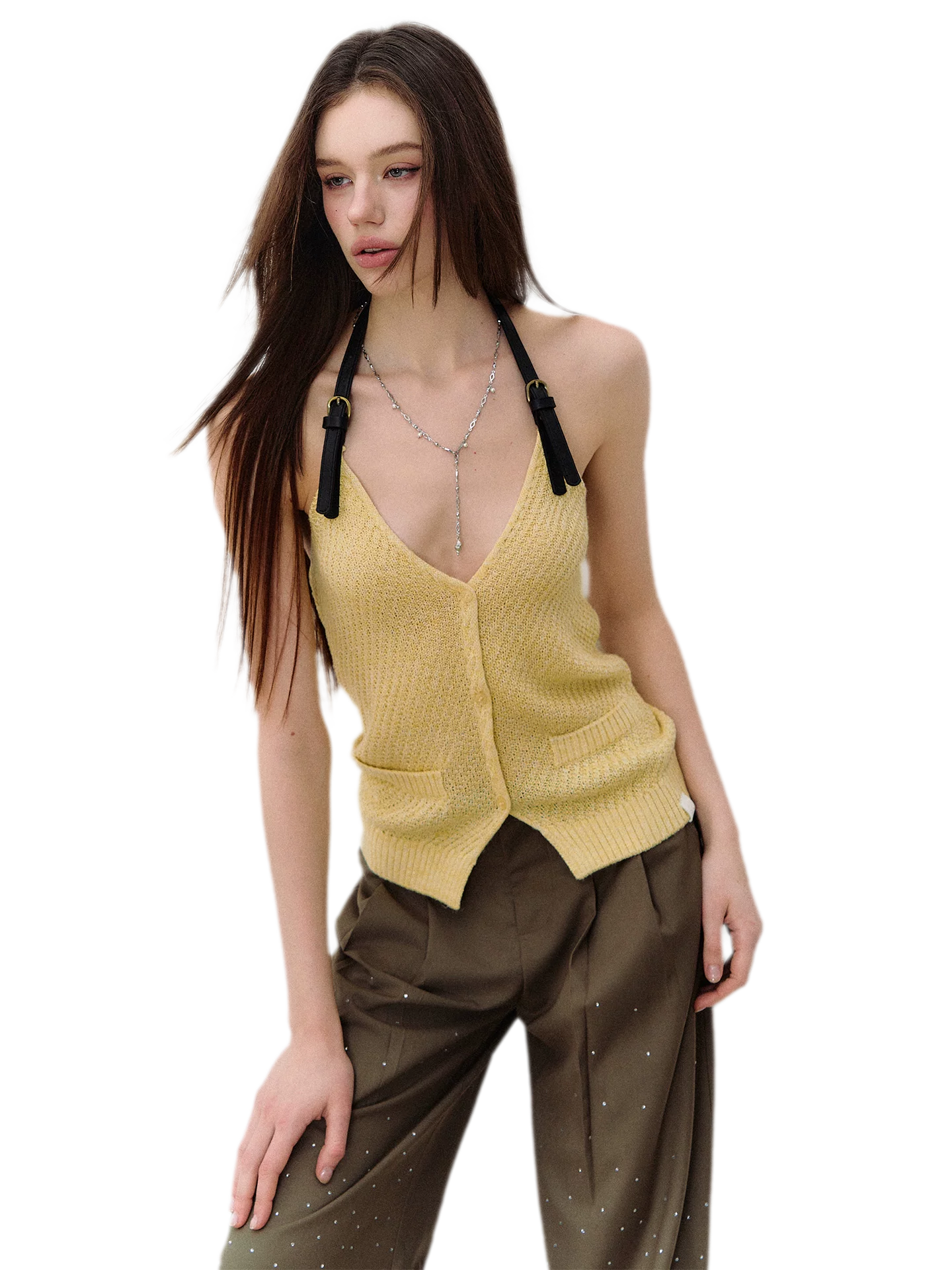 Colorblock Halter V-Neck Linen Knit Vest