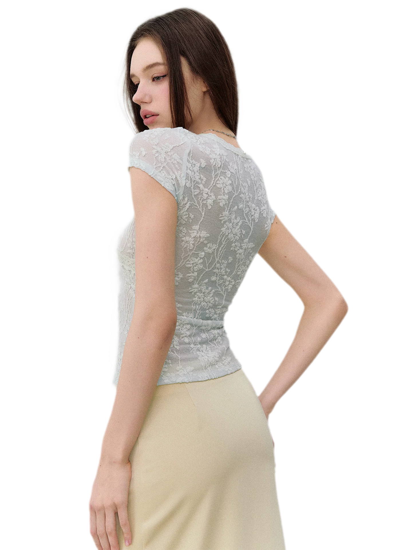Lace-Trim Jacquard V-Neck Slim T-Shirt