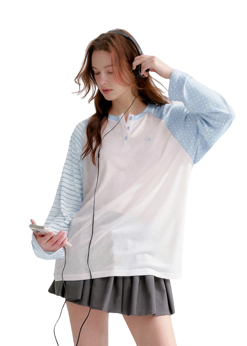 Striped Polka Dot Raglan Sleeve Long Sleeve Pullover