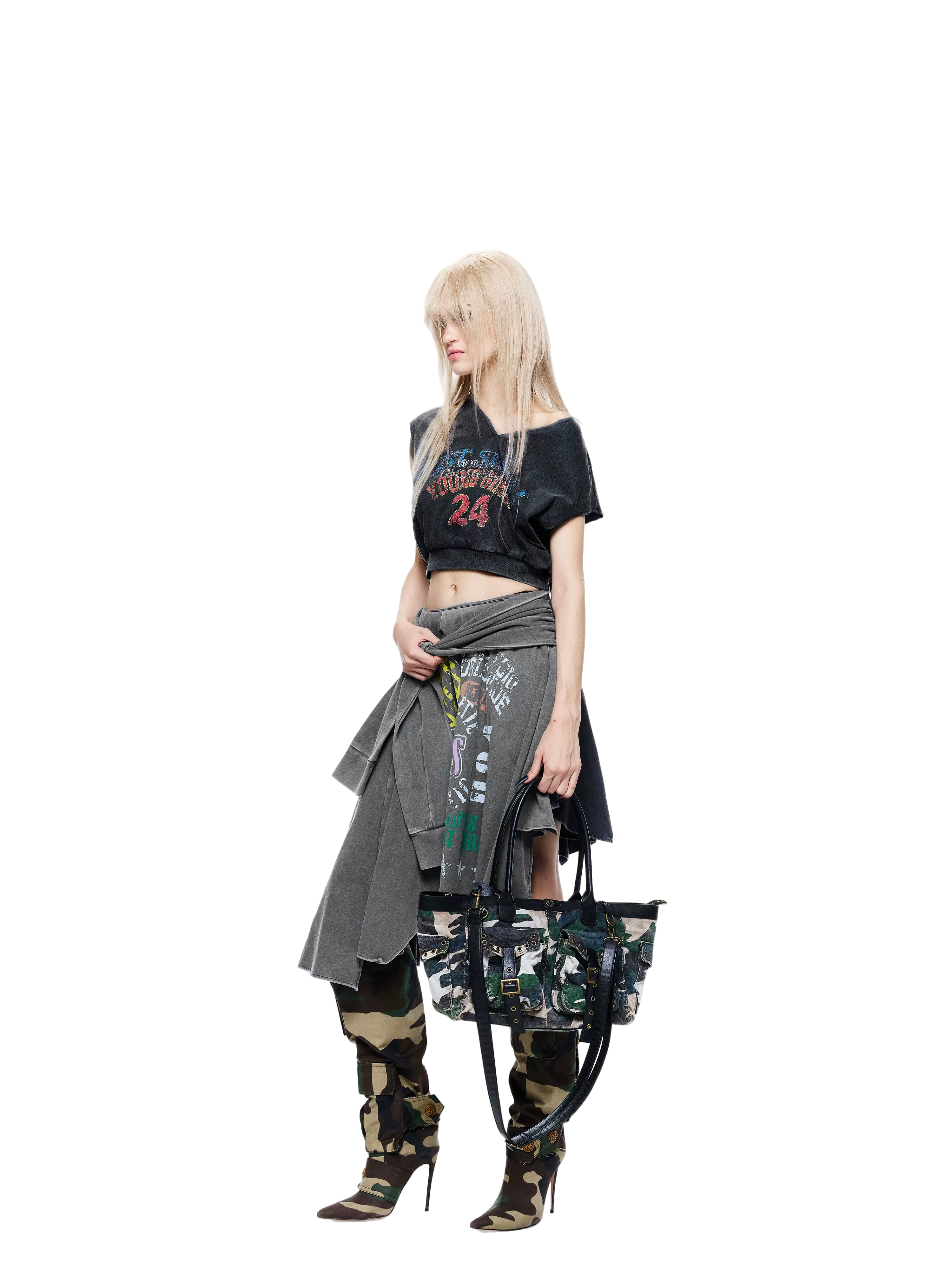 LTD Washed Blue Asymmetric Printed Skirt