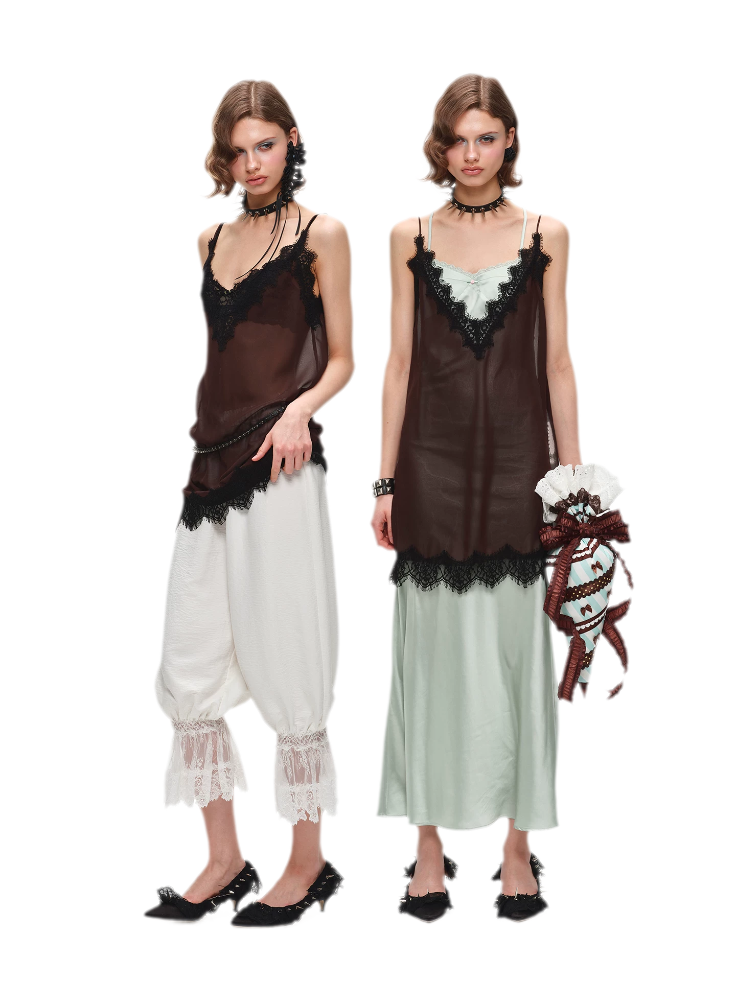 Deep V-Neck Lace Chiffon Satin Dress