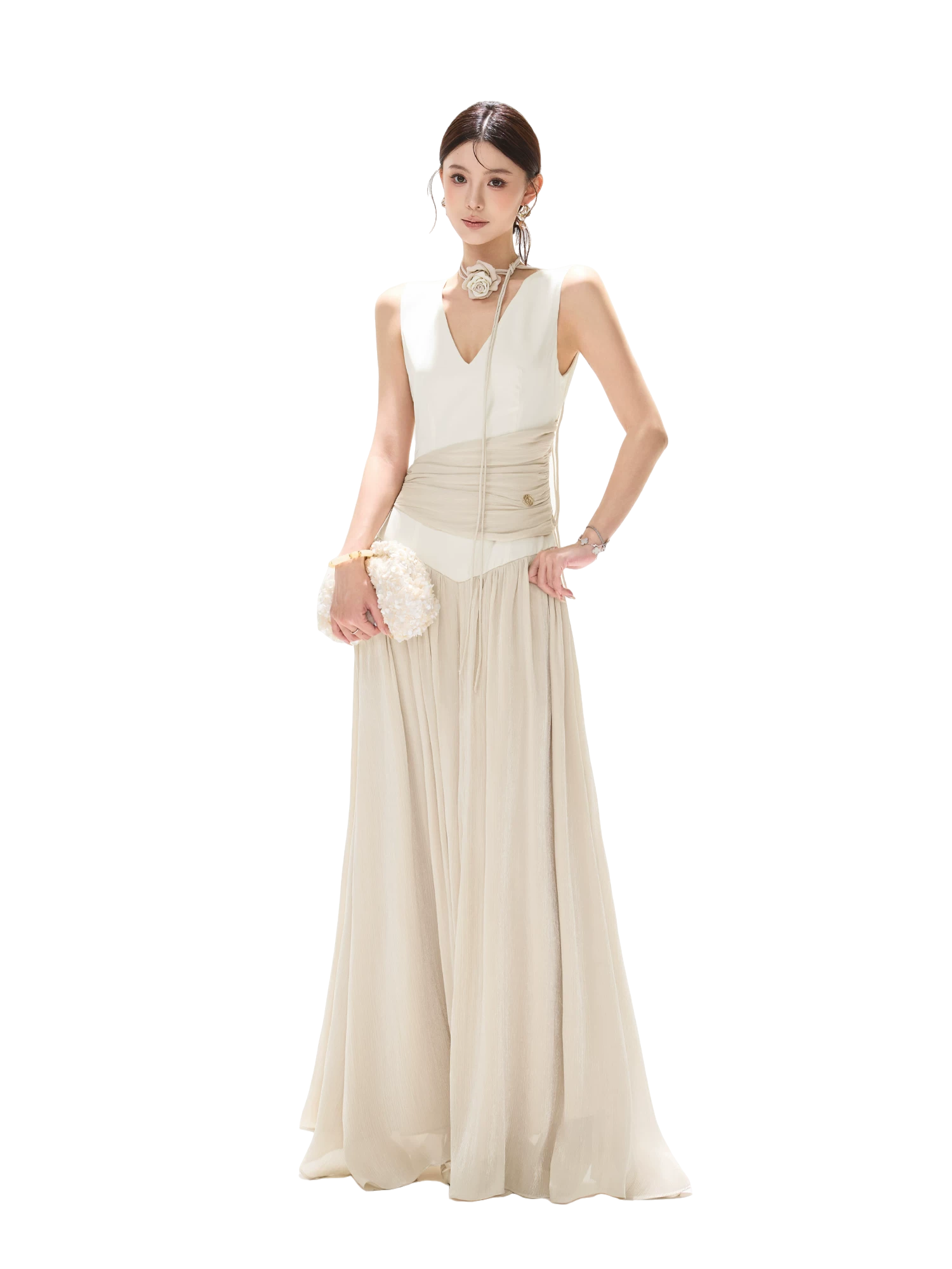 French Style Colorblock Pleated Satin V-Neck Dress