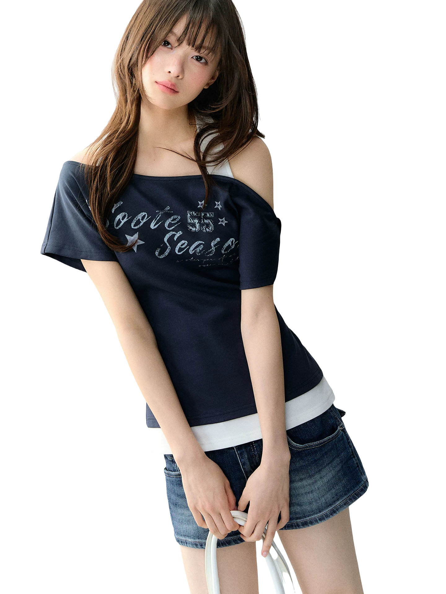 Vintage American Style Printed Off-Shoulder Cropped T-shirt