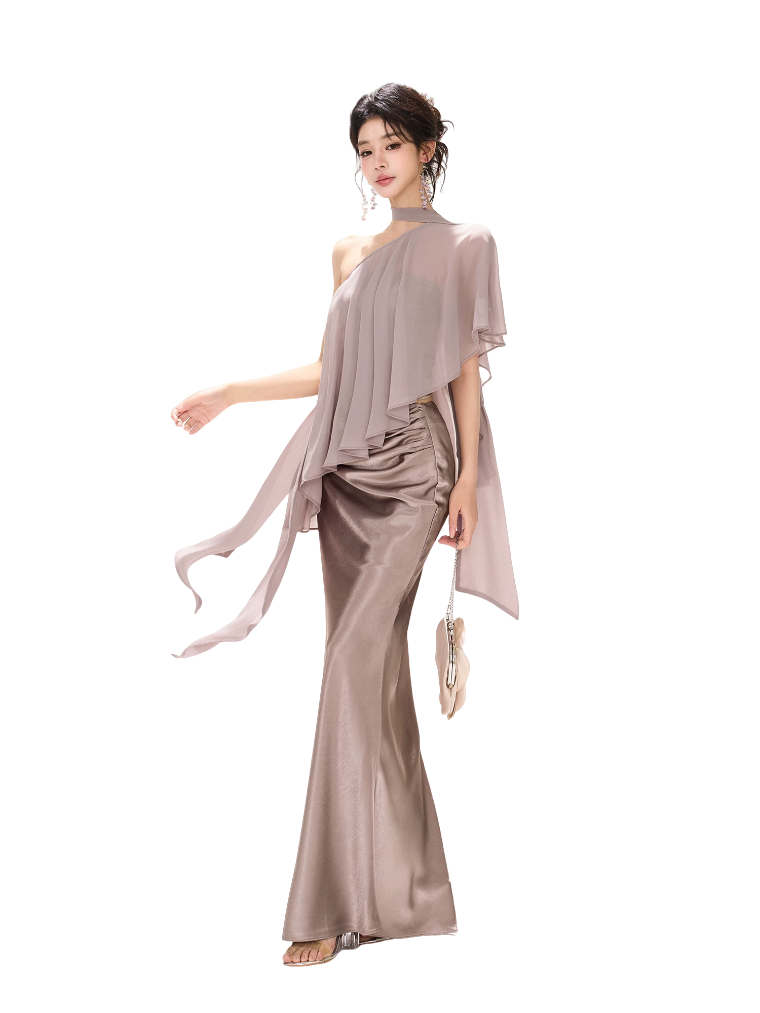 Amber Glow High-Waist Fishtail Satin Skirt